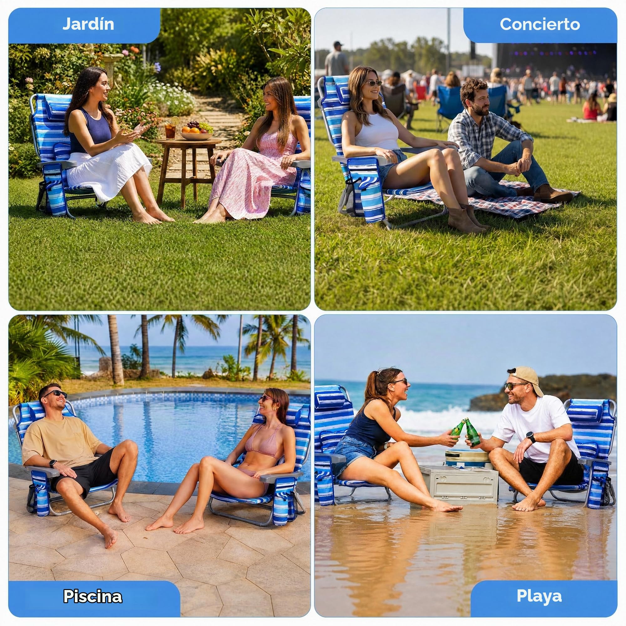 LIFERUN Silla De Playa,Set 2,Plegable,Reclinable,Diseño de Mochila,Azul | Respaldo 4 Posiciones,Carga 140kg,Oxford,Hierro,Bolsillo Térmico,Cojín Lumbar,Reposacabezas,Playa,Jardín,Camping,Festival