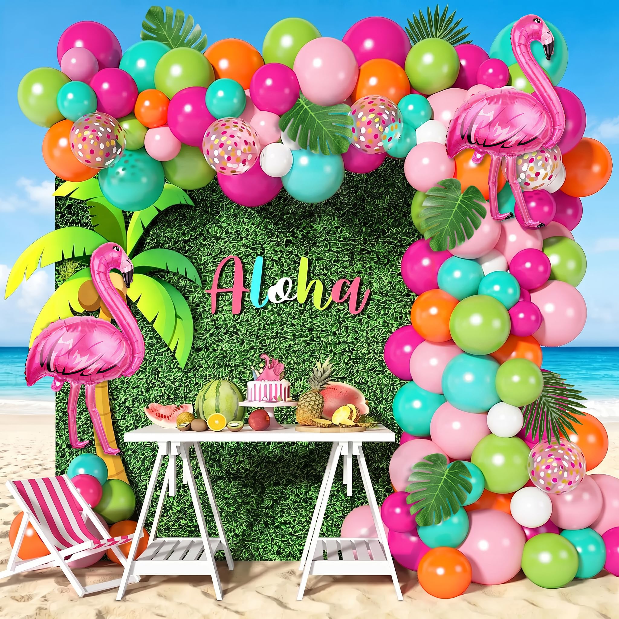 Photo 1 of 136Pcs Tropical Balloon Arch Garland Kit, Flamingo Luau Balloons of Hot Pink Rose Gold Fruit Green Blue & Palm Leaves for Tropical Party Decorations Hawaiian Aloha Birthday Wedding Decor