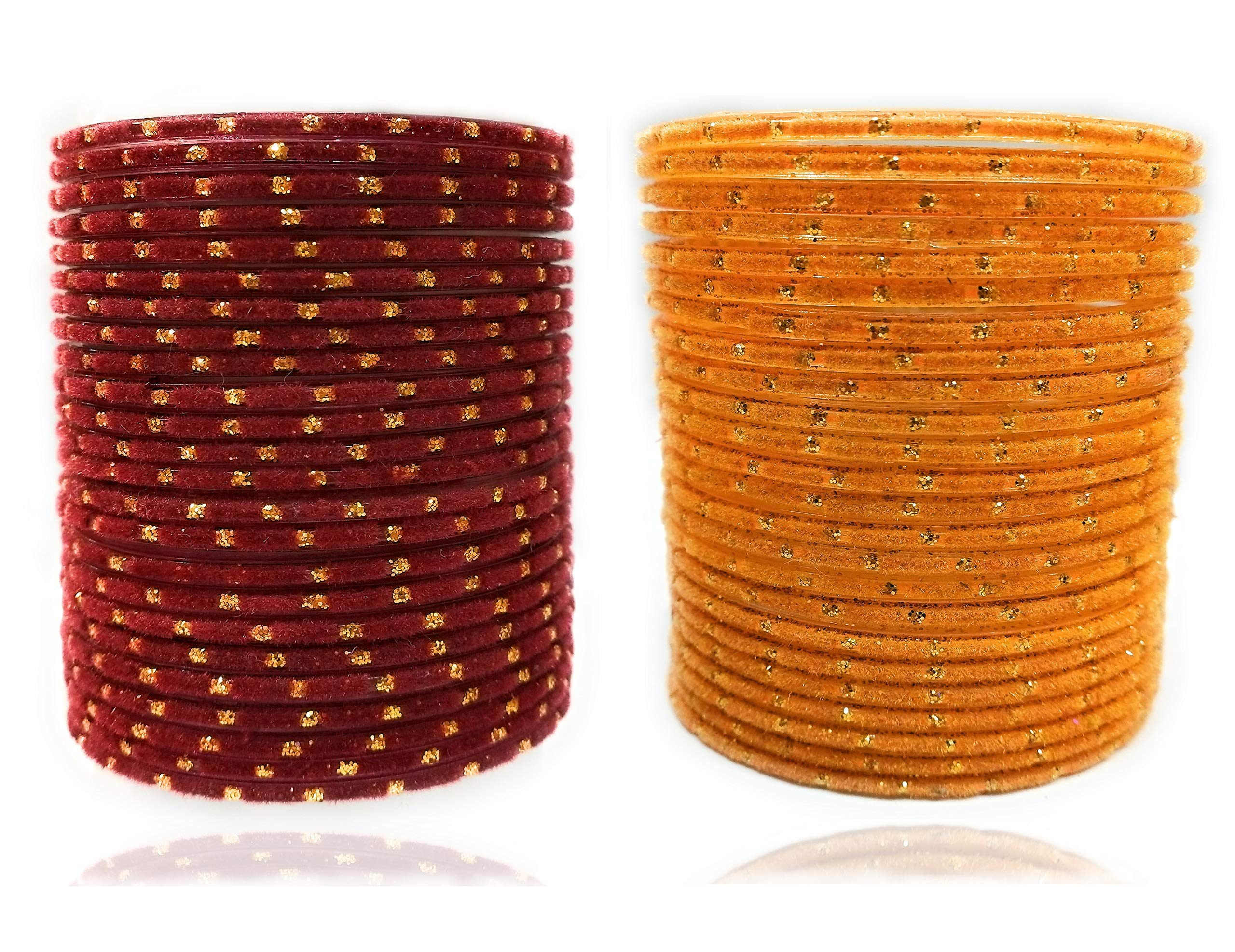 Maroon & Haldi Velvet Fabric & Glass Bangle Set (Pack of 48)
