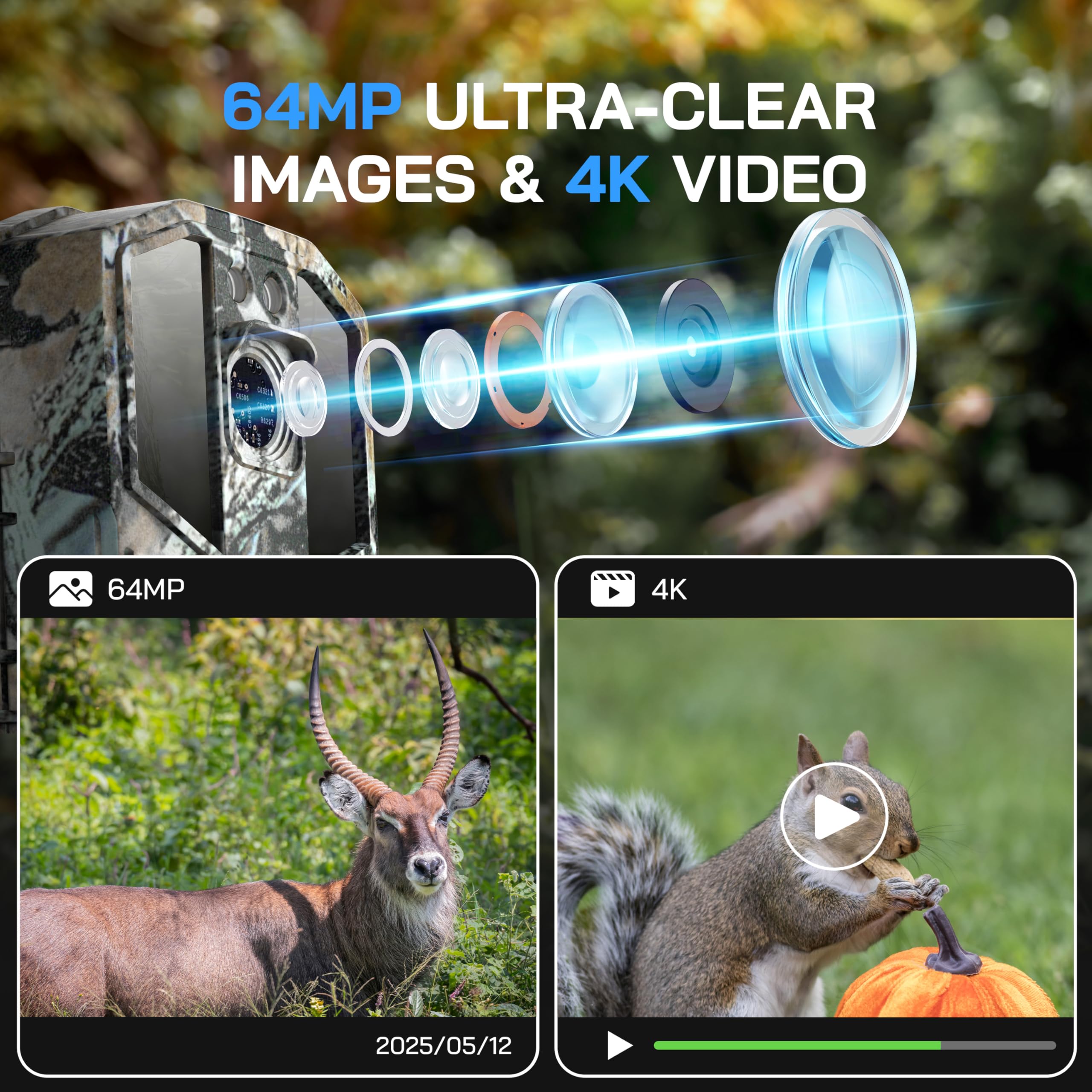 WOLFANG Kamera przyrodnicza 64 MP 4K HD, kamera szlakowa WiFi Bluetooth, kamera myśliwska z noktowizorem aktywowanym ruchem, wodoodporność IP66, czas wyzwalania 0,1 s do nagrywania dzikiej przyrody