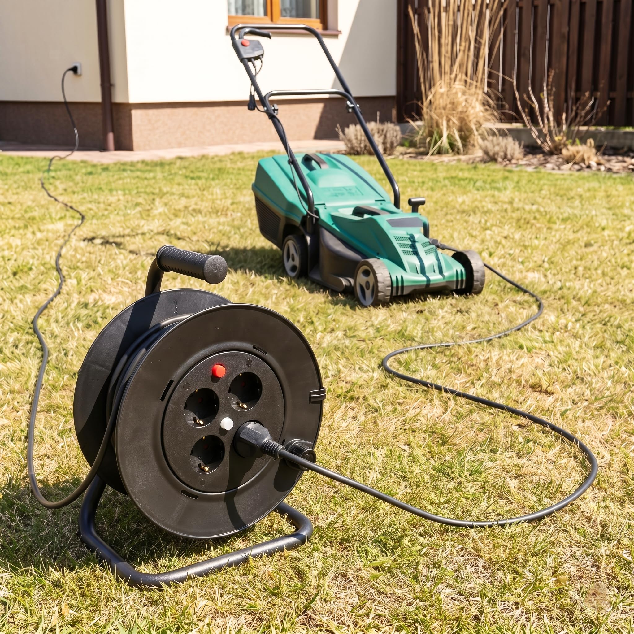 Werkstatt Kabeltrommel 30m mit Schalter und Überhitzungsschutz | TÜV-Zertifiziert,IP20,Handkabeltrommel mit Tragegriff, ideal für Indoor und Garten, Kabelrolle mit Steckdosenleiste, schwarz