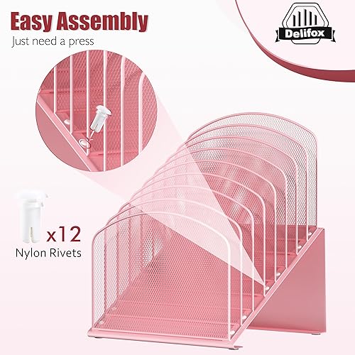 Vista 52 de Organizador de archivos de escritorio inclinado, soporte vertical de 5 secciones, soporte de metal clasificador de archivos para oficina y aula