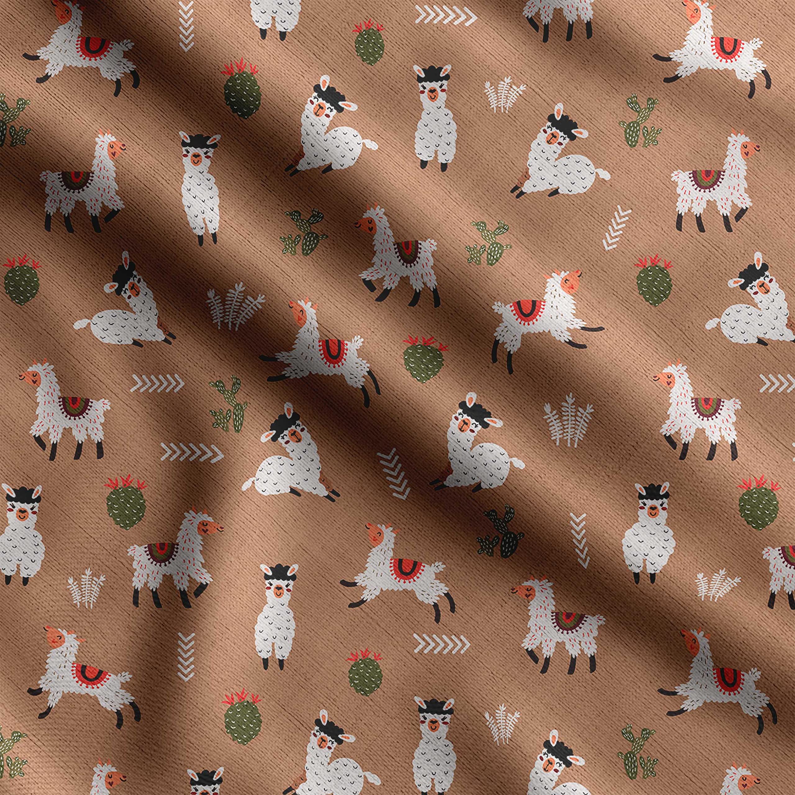 Soimoi Heavyweight Cotton Poplin Fabric Material, Brown - Llama Alpaca Printed-42 Inch Width, Natural Cotton Material for Quilt Making, Dress, Skirt, Pajama, Pillowcases, Tablecloths, Kurtis, 1 Meter