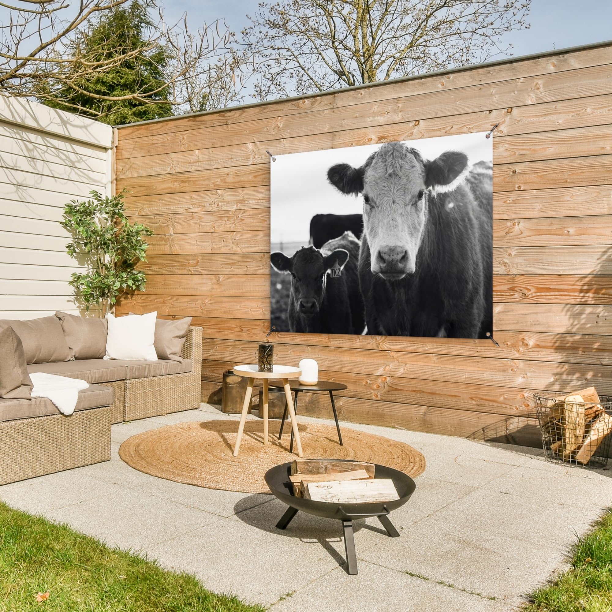 MuchoWow© Decoracion Jardin Exterior Decoración Pared Póster De Jardín | 120x90 cm - Balcón Wall Decoration Patio Posters Decorativos Terraza Vacas - Blanco y negro