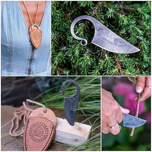 Miniatura 9 de Toferner Cuchillo de bolsillo celta, cuchillo forjado a mano con estuche de cuero negro, hoja endurecida, vintage, colección de arte antiguo, idea