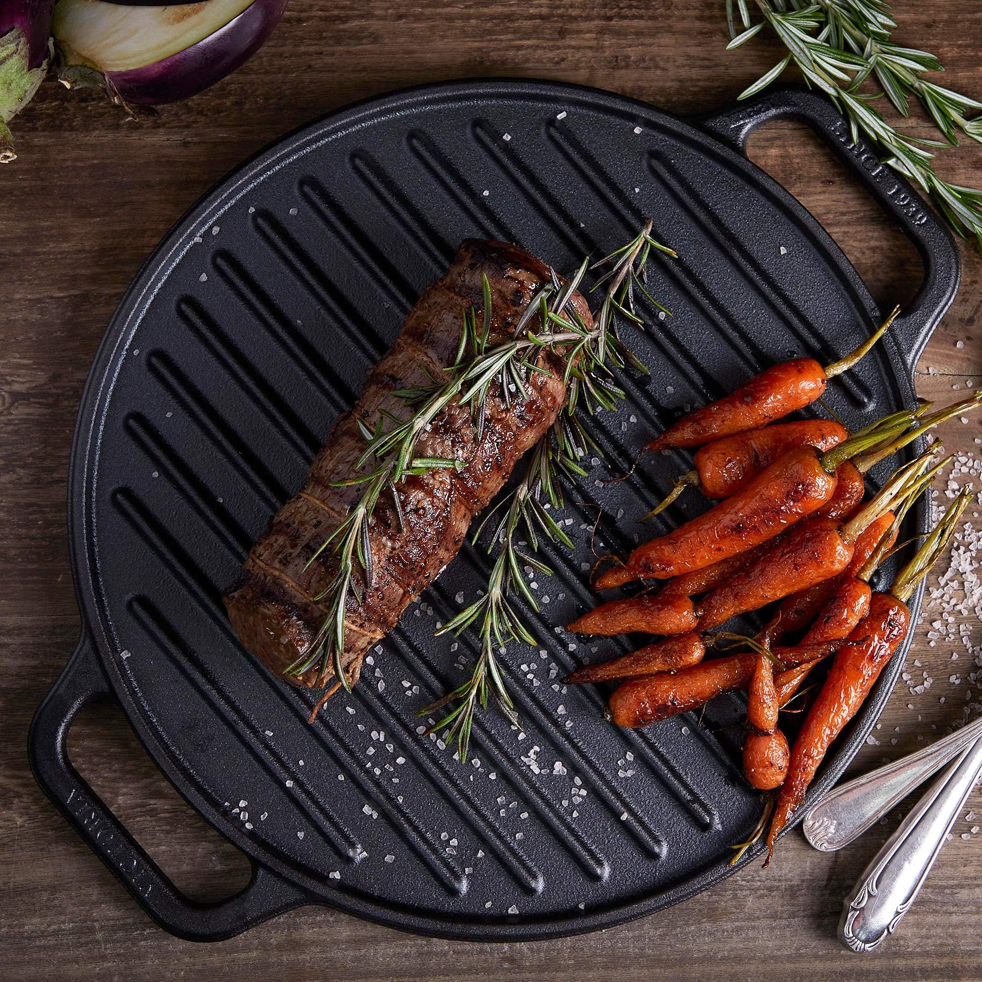 VICTORIA Grillplatte Emailliertes Gusseisen Grillpfanne 32cm Rund, Doppelseitig Verwendbar, für Feuer, Grill, Ofen, Vitrokeramik, Gas, Ohne Schadstoffe und PTFE