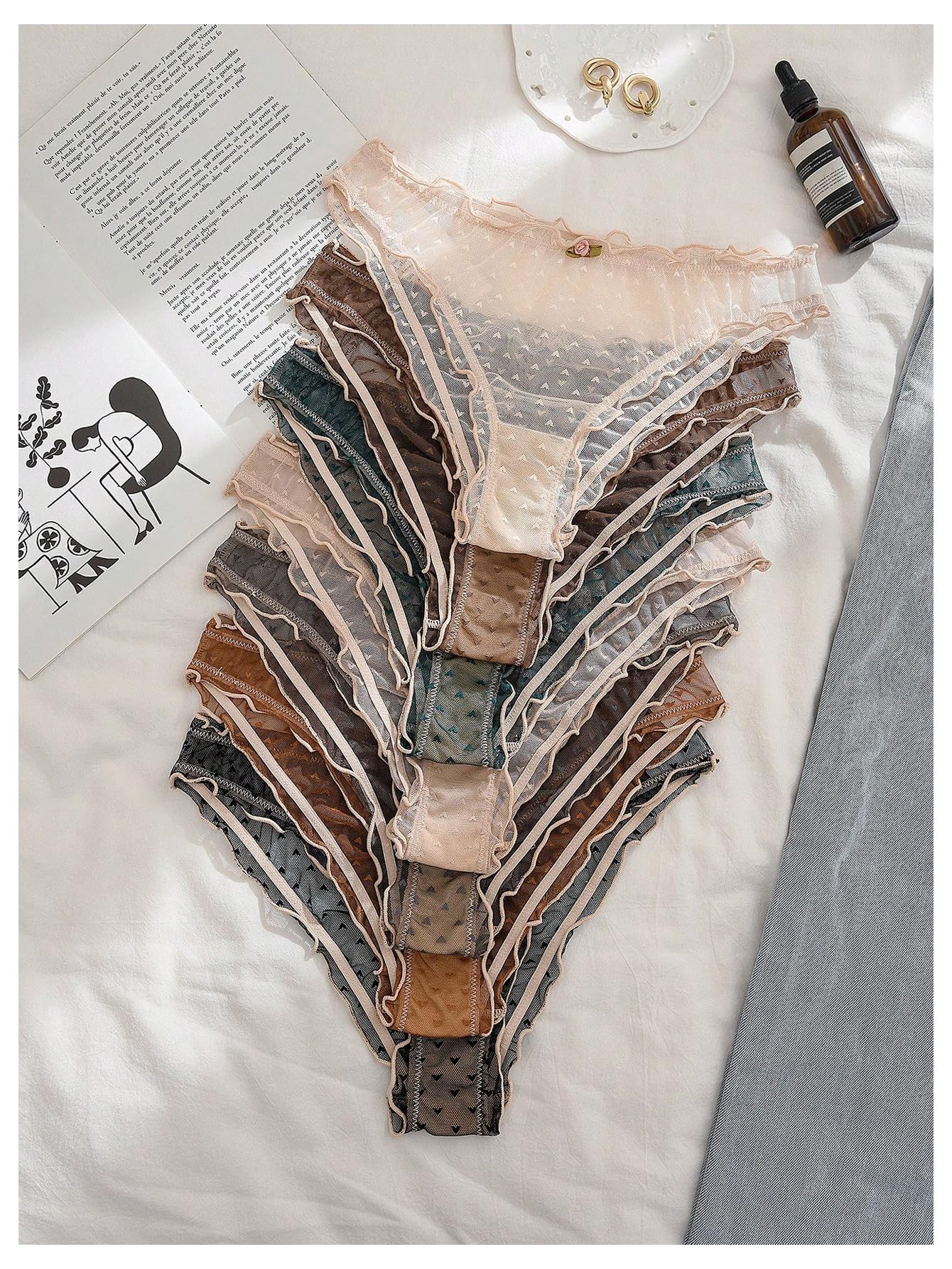 GORGLITTER Women's 7 Pack Sheer Panties Mesh Underwear Frill Trim Low Rise Briefs: Large Multicolor Brown