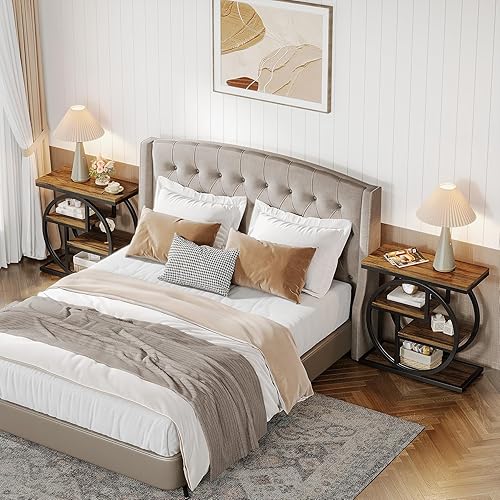 Miniatura 4 de Tribesigns Juego de 2 mesas auxiliares estrechas de 4 niveles con estantes de almacenamiento, mesa auxiliar de madera para sofá pequeño con marco de