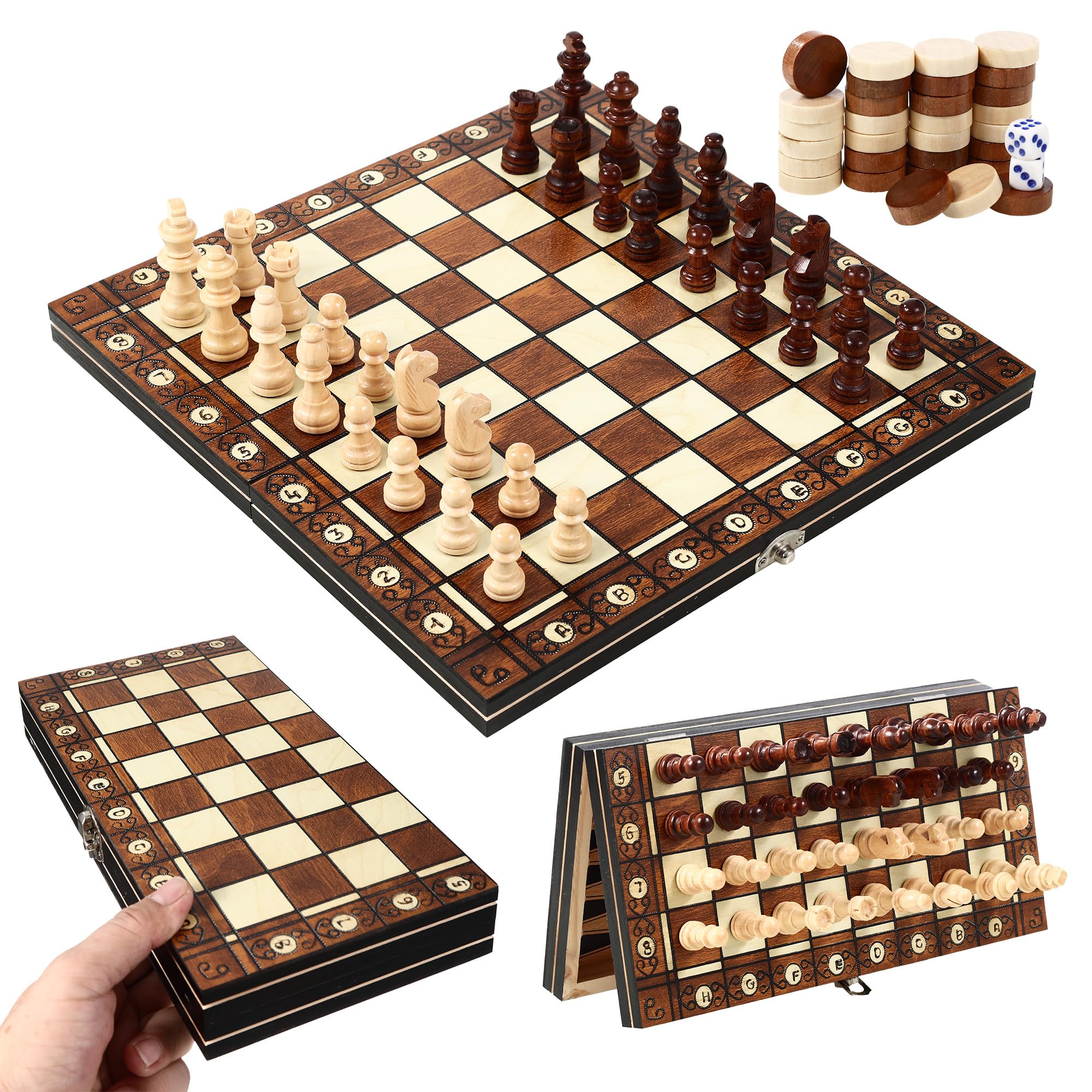 Scacchiera in legno, 3 in 1 Scacchiera Professionale, Scacchiera Portatile e Pieghevoli, Gioco da Tavola di Qualità Adatto a Raduni di Bambini Adulti, Attività Familiari (29 cm x 29 cm)