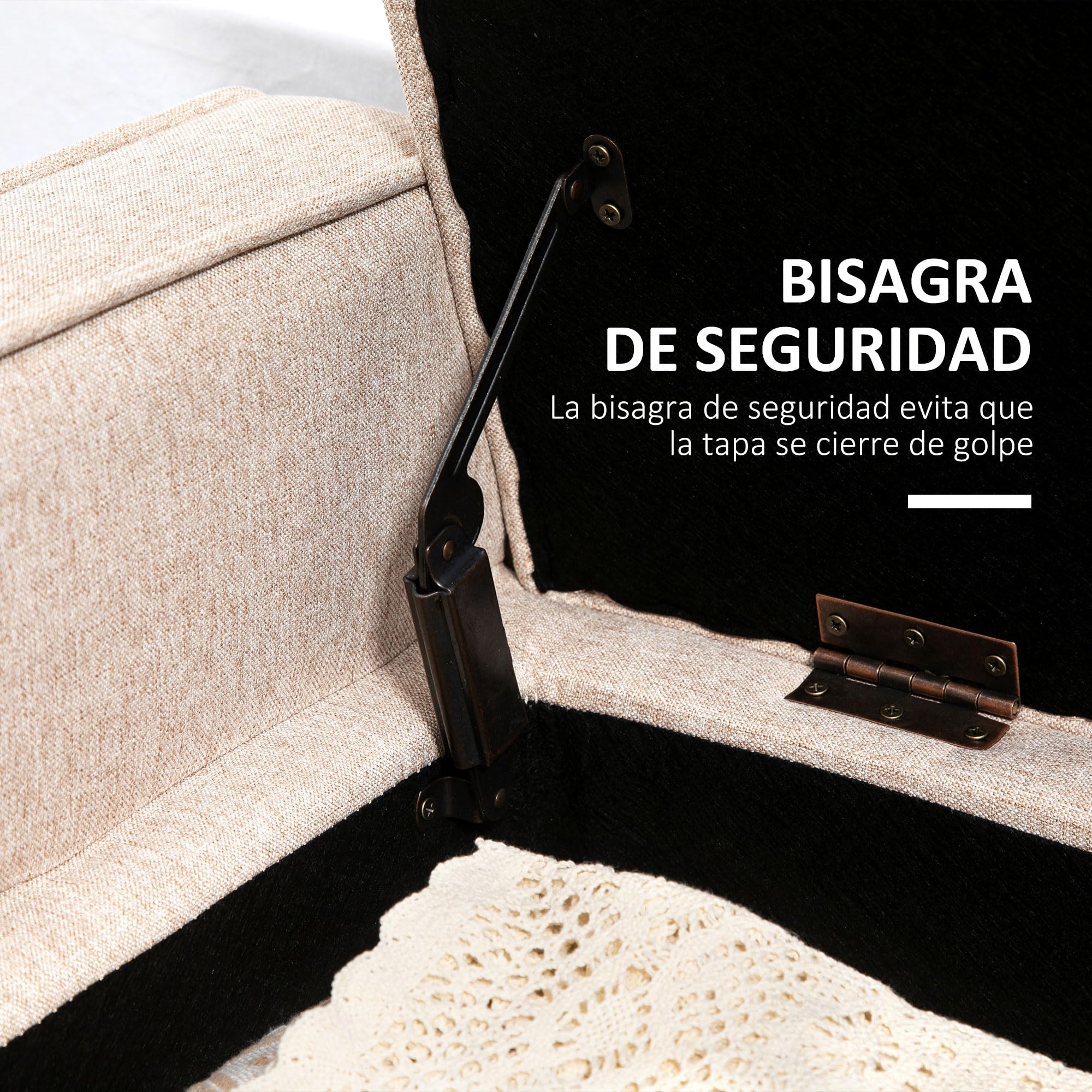 HOMCOM Puff Almacenaje Banco Almacenaje Tapizado en Lino Sintético con Tapa Abatible y Patas de Madera para Dormitorio Salón Entrada Carga 120 kg 120x45x54 cm Beige