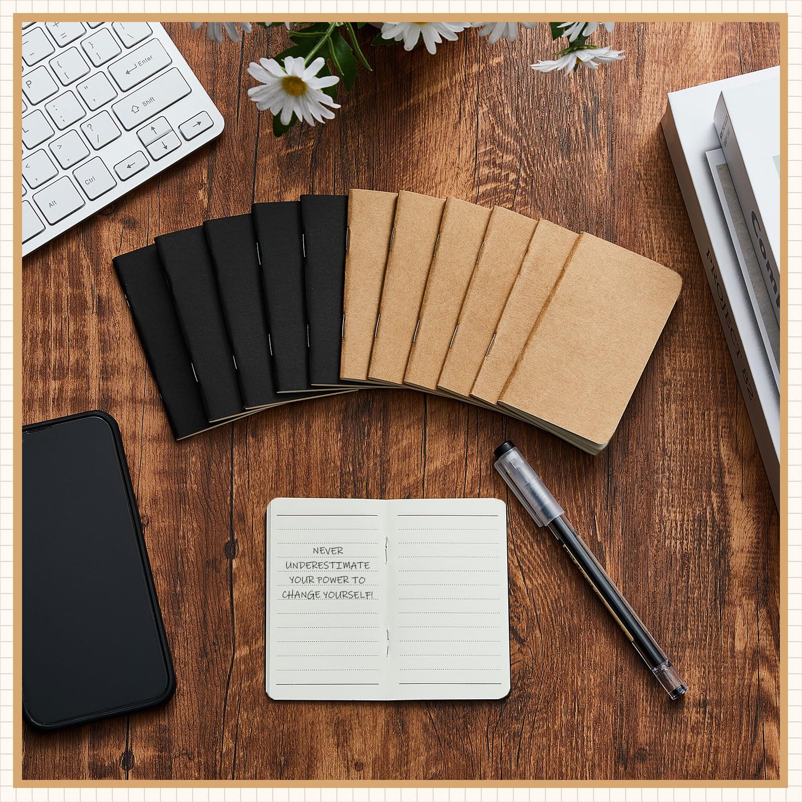 Outus 90 mini taccuini tascabili, 6,3 x 10,2 cm, in carta kraft, con copertina morbida, per studenti, scuola, 60 pagine a righe, 30 fogli (marrone, nero)
