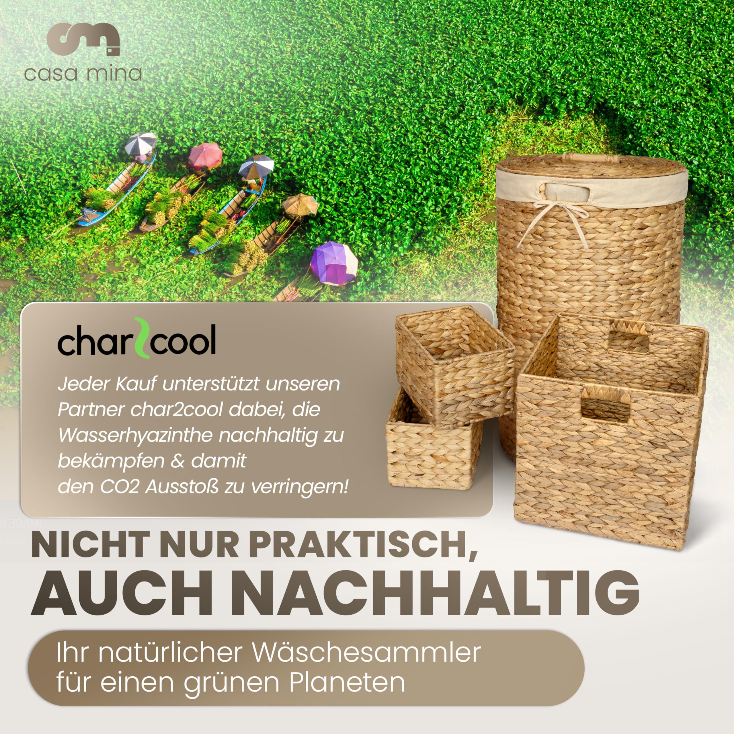 Casa Mina® Wäschekorb mit Deckel | Atmungsaktiver Wäschekorb geflochten aus 100% Naturfaser I Robuster Wäschesammler mit Griffen & waschbarem Innensack I Wäschekörbe (Natur, 30 x 44cm)