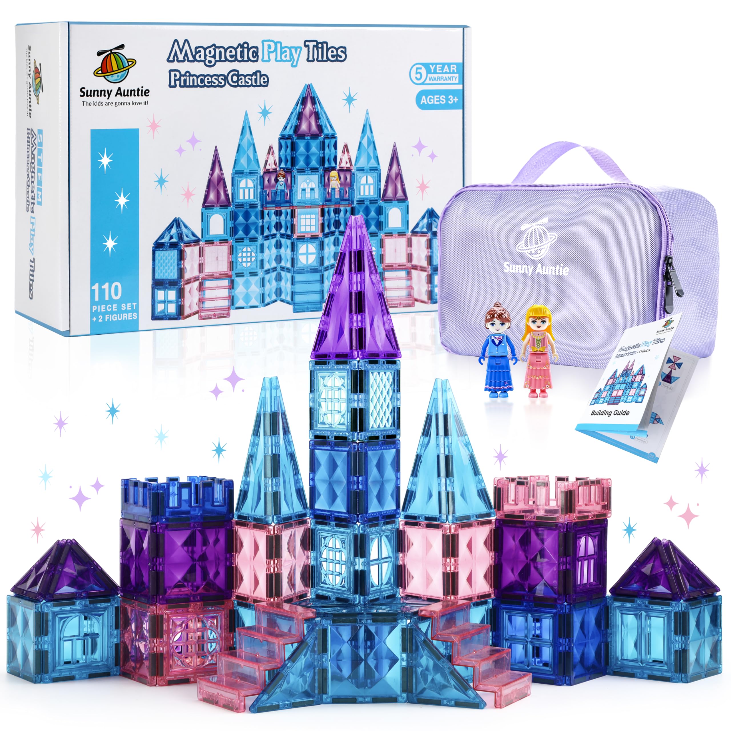 Princess Castle Magnetic Tiles 110 PCS, Zippered Carrying Case + 2 Dolls Gift Included, Magnetic Blocks, Toys for Girls, 3 4 5 6 7 8 Year Olds Birthday Gift Ideas for Girls
