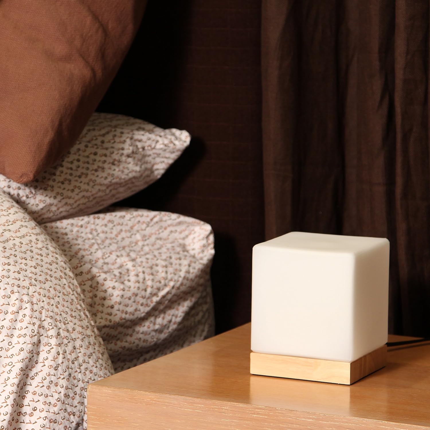 Square Lamp Accent Light Cube: Felix Glass Cube Table Lamp with 6W 2700K LED Bulb Included - Wooden Base Nightstand Cube Light for Bedside, Accent Lamp with Glass Shade for Bookshelf Lighting