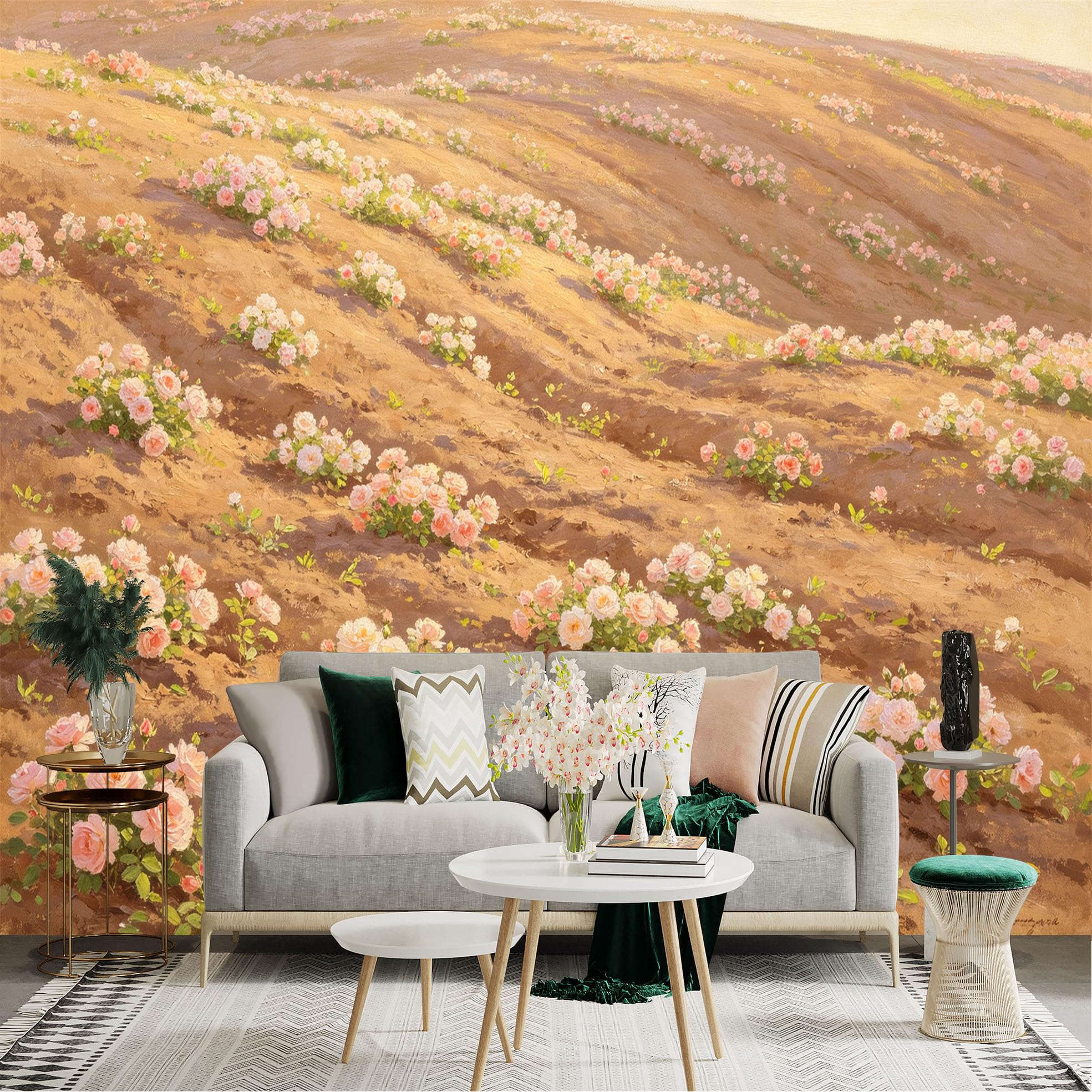 Lnzczhyre Dbh260521530 Custom Size Wall Sticker Mural， Impressionist Floral Field， Blooming Pink Roses， Soft Sunset Light， Rustic Garden Landscape， For Wall Decoration， Peelandstick Wall Decals.