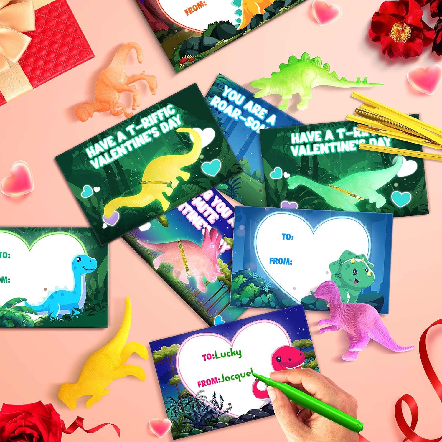 Valentines Day Cards for Kids School, 32 Pack Valentines Day Gifts for Kids with Glow in Dark Dinosaurs, Valentine School Classroom Exchange Gift for Party Favor, Valentine's Dino Toys for Boys Girls
