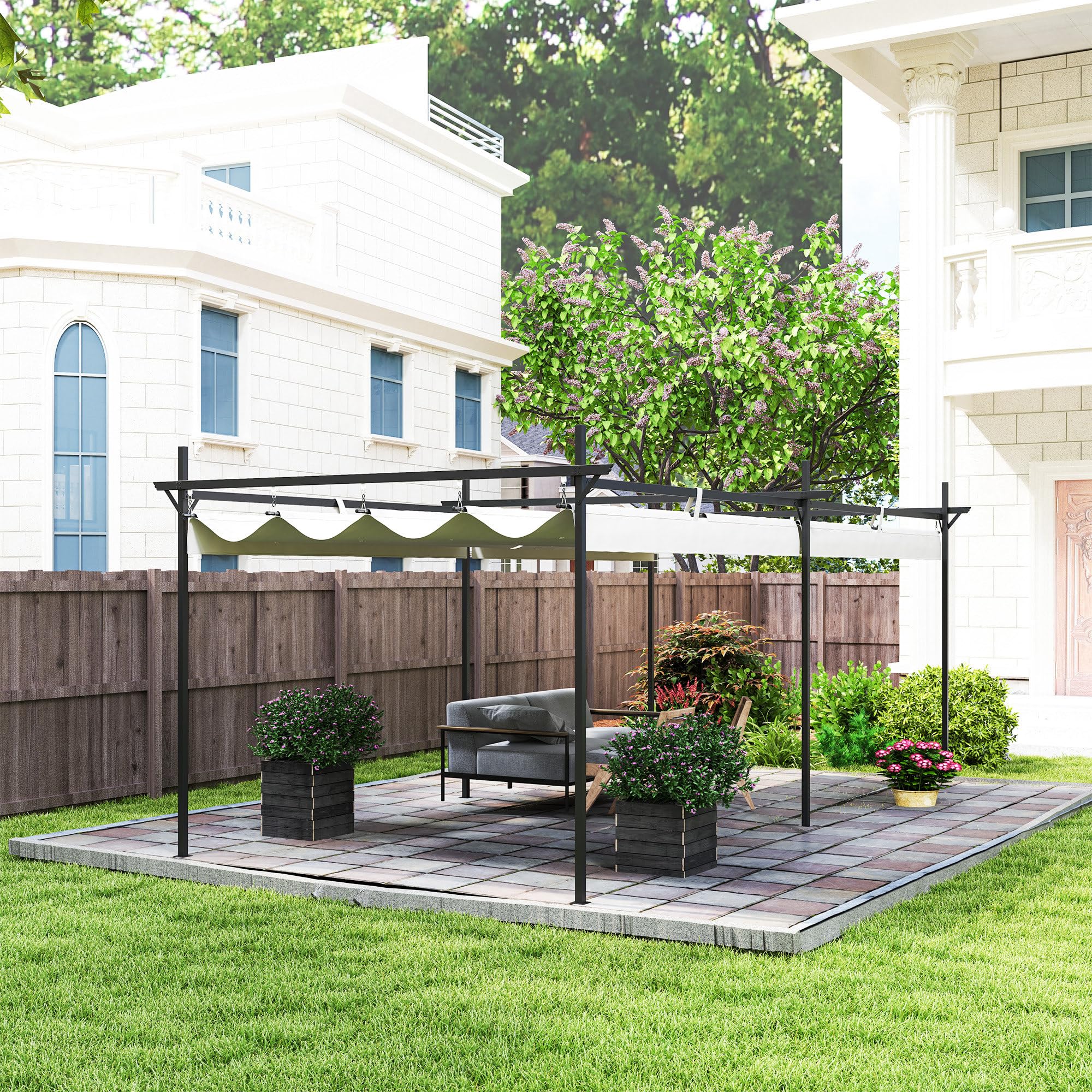 Outsunny Pérgola de Jardín 6x3 m con Techo Retráctil, Cenador de Jardín con UPF30+, Estructura Metálica, Tela de Poliéster, Pabellón para Exterior, Terraza, Crema
