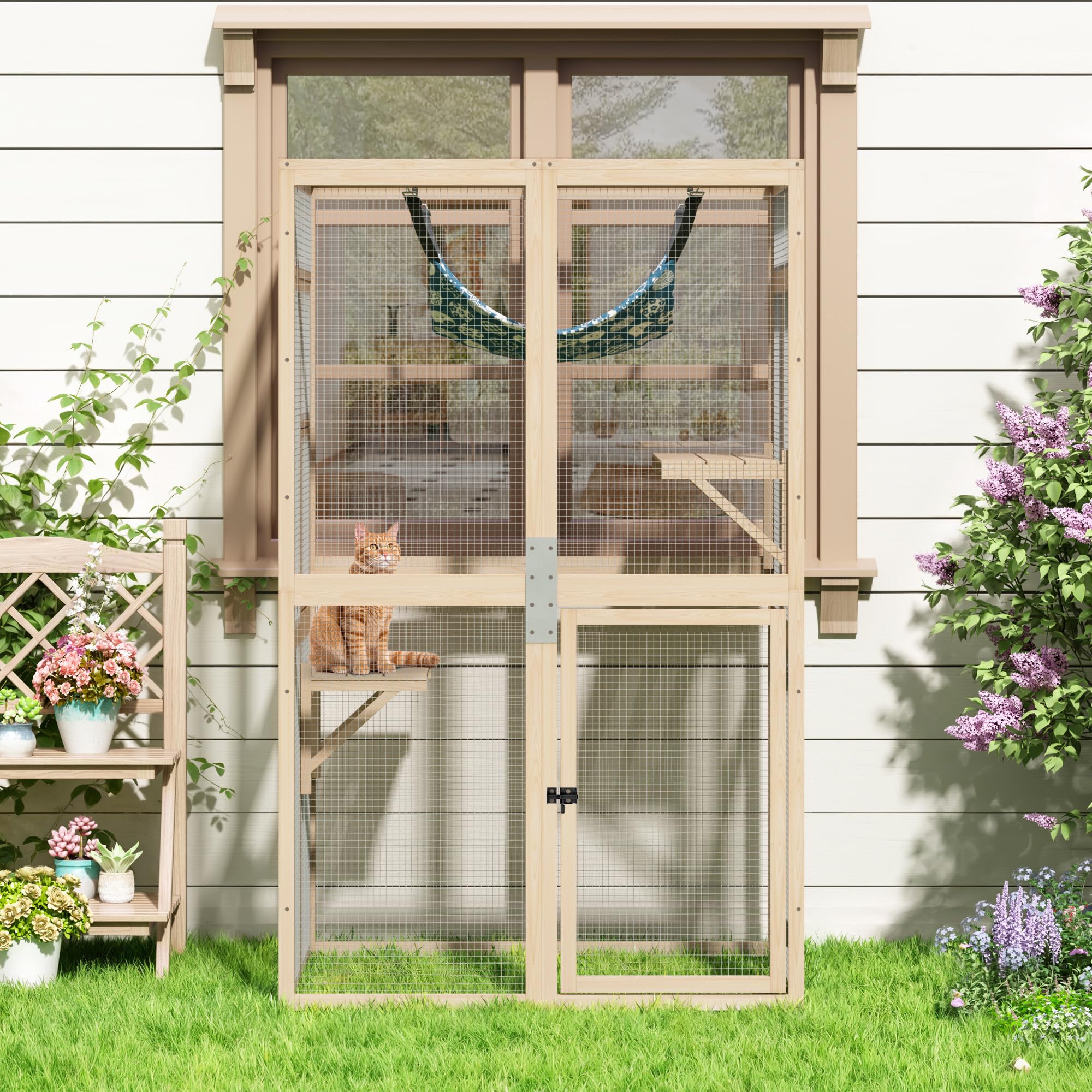 Recinto para gatos de 100 × 85 × 162 cm, resistente a la intemperie, para exteriores, casa para gatos Catio para balcón y jardín, recinto de madera con toldo, 3 niveles y hamaca