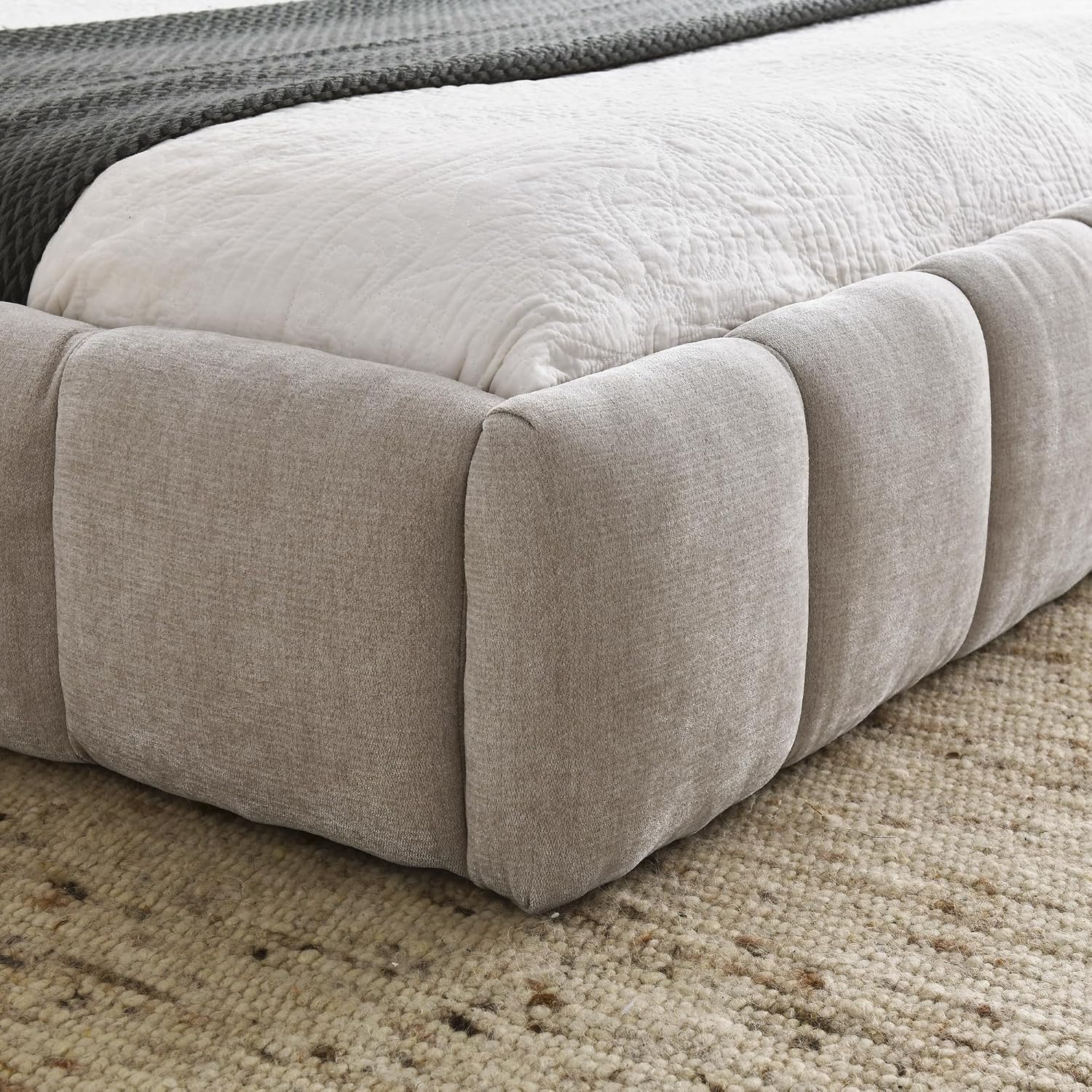 Beige Chenille Upholstered Queen Platform Bed with Soft Headboard