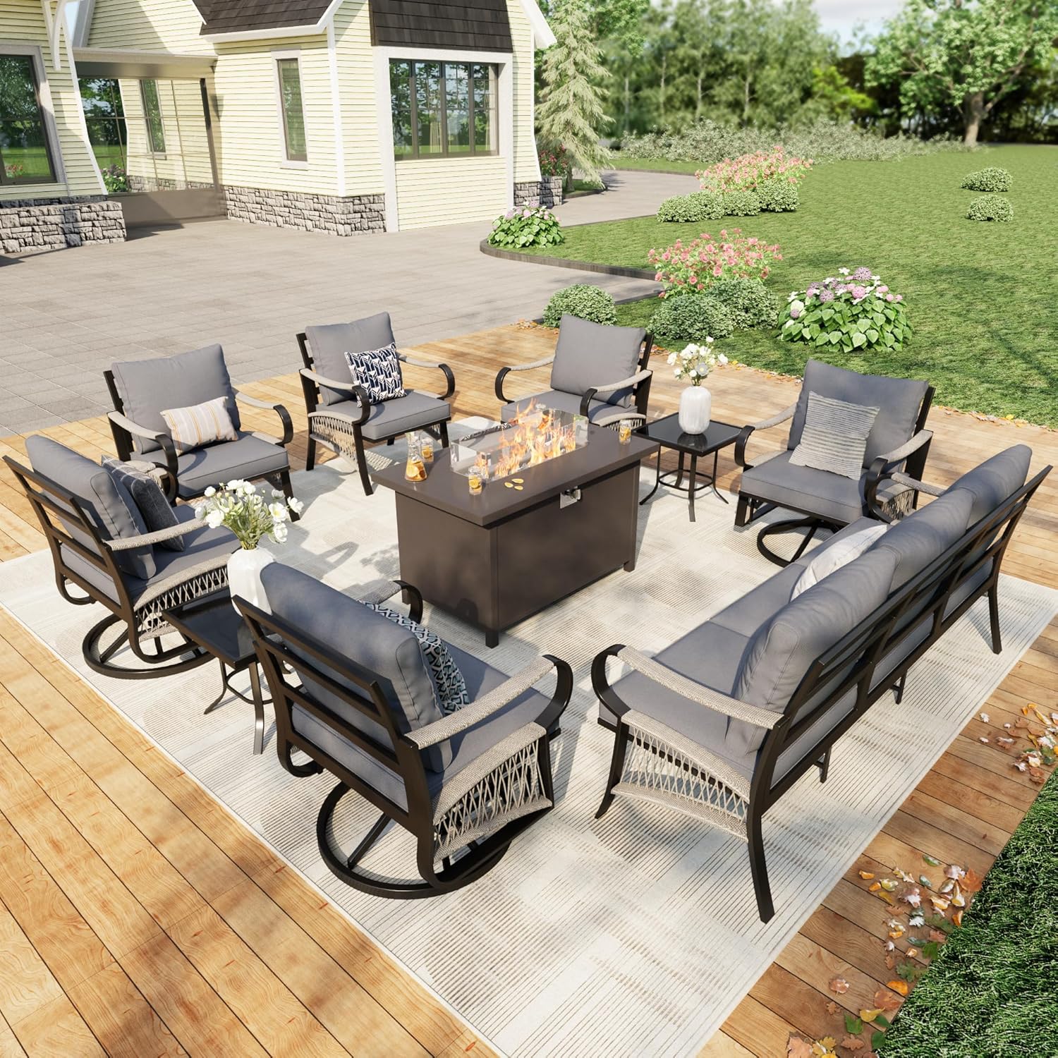 Patio Couch Metal 3-Seat Outdoor Sofa Deep Seating Furniture with Non-Slip Gray Cushion, (3-Seater Sofa Only)