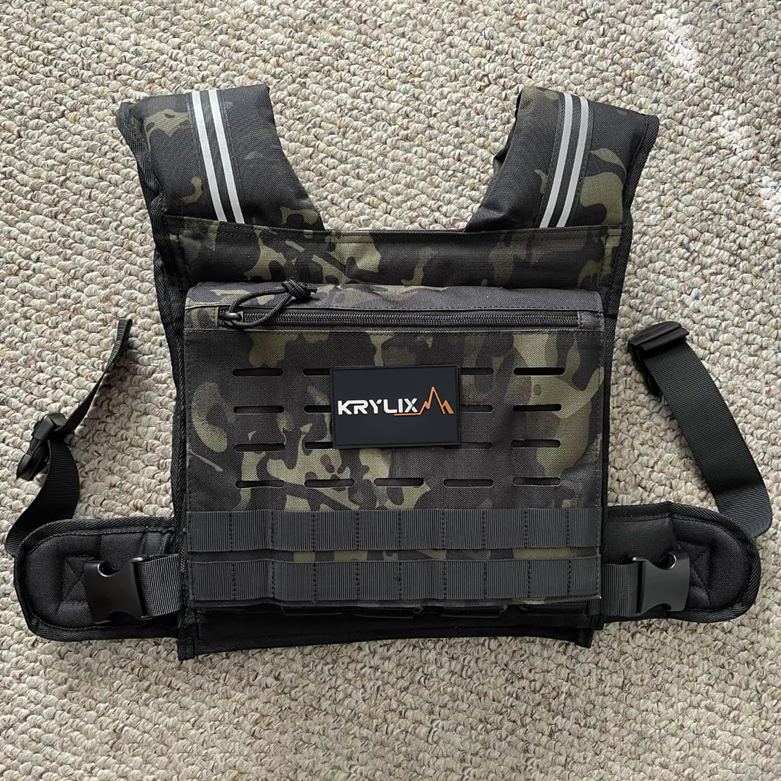 KRYLIX Adjustable Weighted Vest 0-40 lbs with Front Storage Pocket Solid Removable Iron for Muscle Building Workout Secure Waist Fit for Men & Women Camo Tactical Military