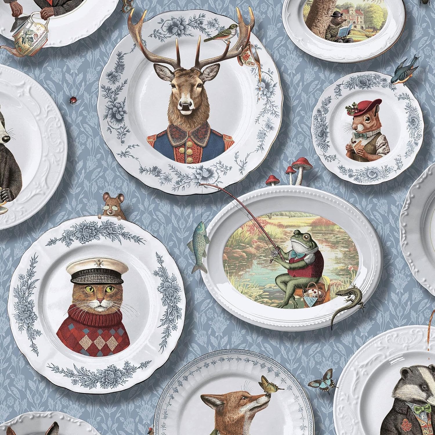 Quirky Framed Animals Vintage Tea Party Wallpaper Perfect for Bedrooms, hallways, Restrooms or Lounges in Soft Blue Holden 13941
