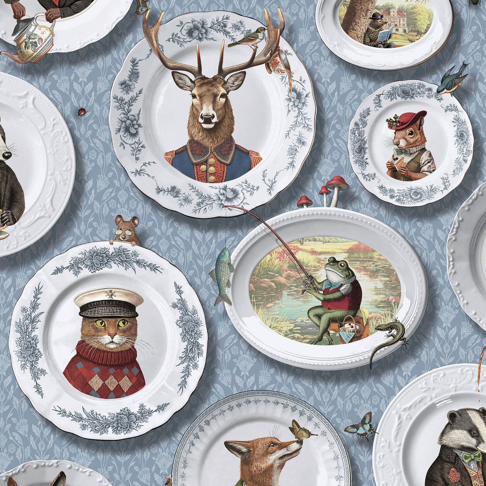 Quirky Framed Animals Vintage Tea Party Wallpaper Perfect for Bedrooms, hallways, Restrooms or Lounges in Soft Blue Holden 13941