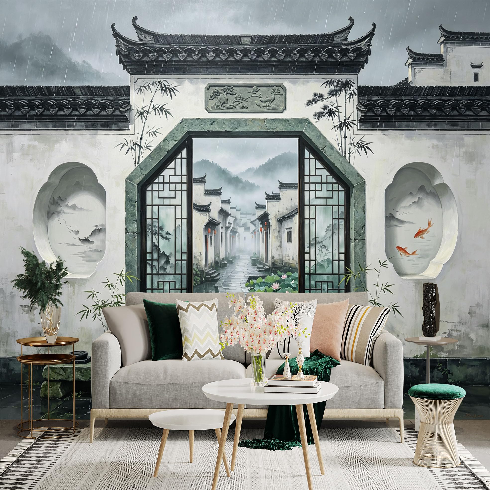 Custom Size Wall Sticker Mural， Chinese Courtyard Rainy Garden Lotus Pond Ink Landscape， for wall Decoration， peelandstick wall Decals.
