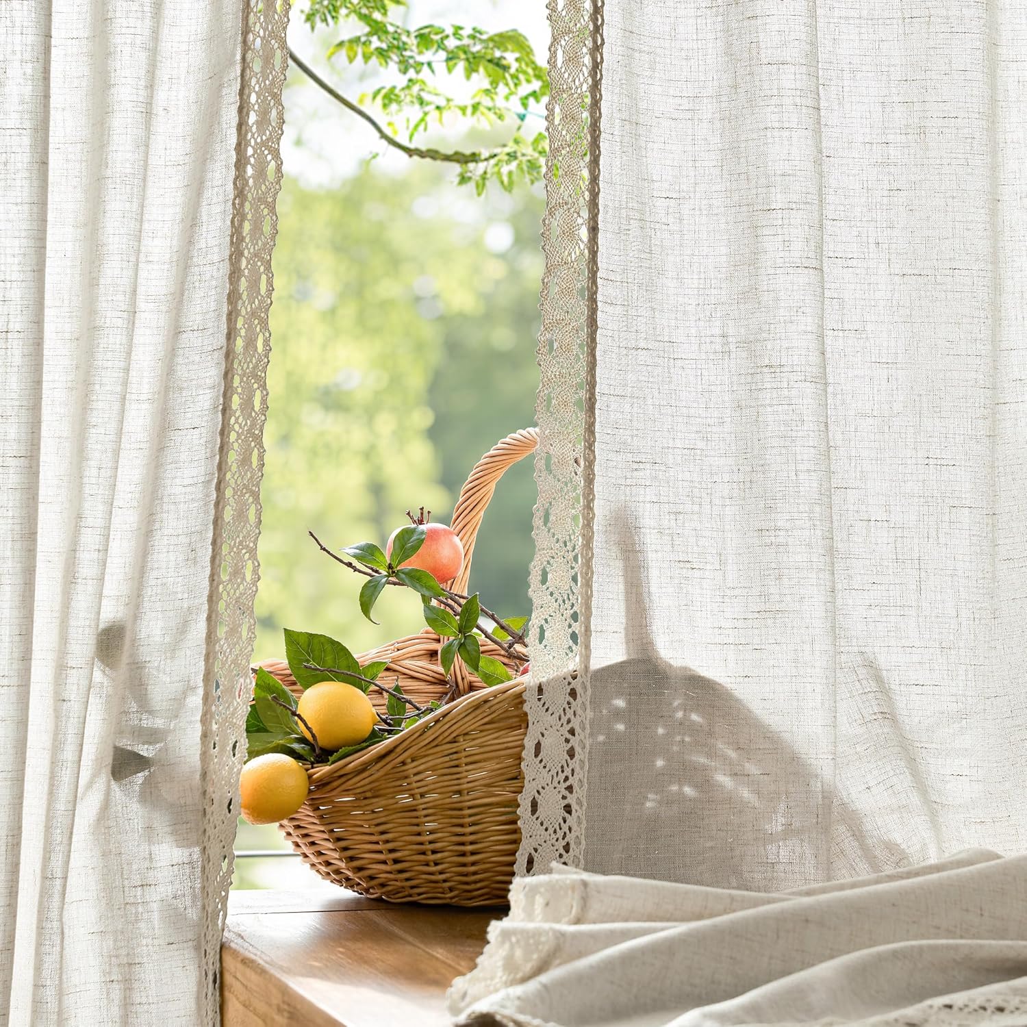 jinchan Linen Curtains for Living Room Bedroom Light Filtering Semi Sheer Curtains Boho Farmhouse French Country Cottage Core Decor Window Drapes Back Tab 84 Inch Length Laced Beige