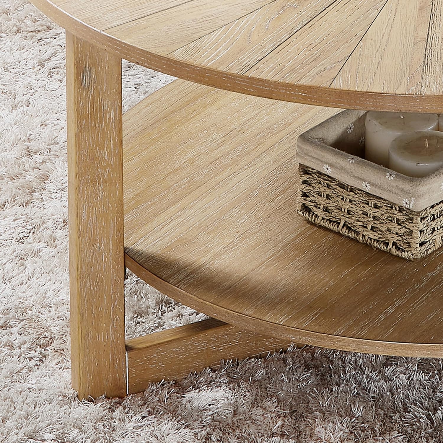 Wood Round Coffee Table for Living Room, 2 Tier Circle Rustic Coffee Table with Storage, Coffee Table for Apartment, Easy Assembly (Light Brown,35