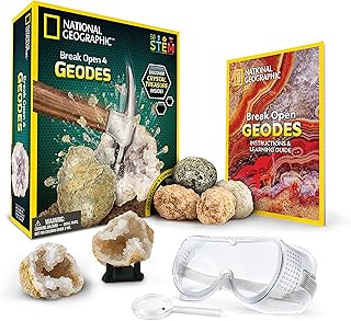 NATIONAL GEOGRAPHIC Break Open 4 Geodes Science Kit – Includes Goggles, Detailed Learning Guide and Display Stand - Great STEM Science Gift for Mineralogy and Geology Enthusiasts of any Age