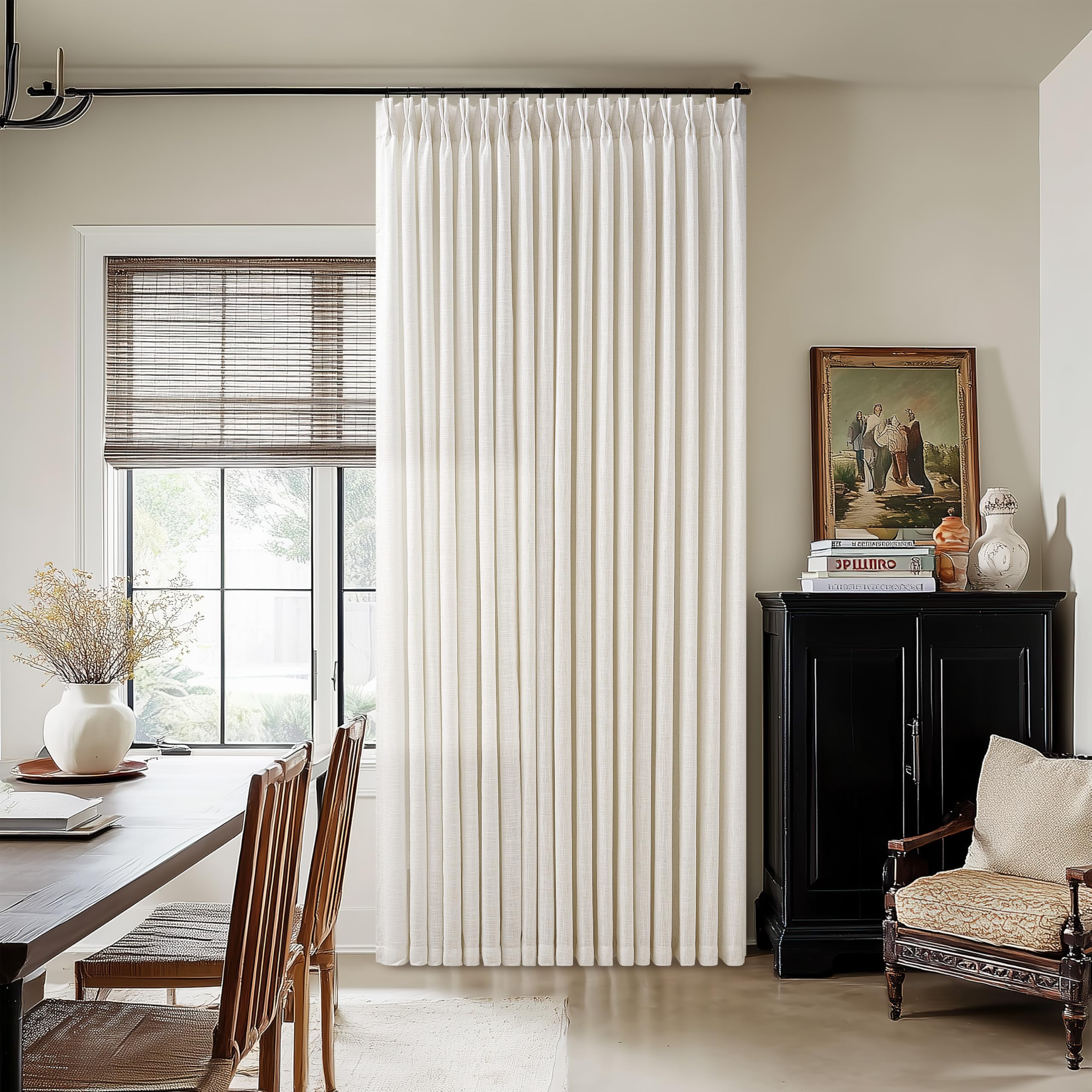 Extra Wide 100 Inch Width Curtains 96 Inches Long Pinch Pleated for Patio Sliding Door Light Filtering Semi Sheer Linen Drapes Back Tab Cream Ivory