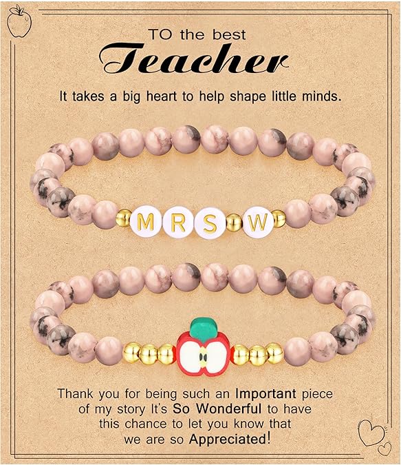 Teacher Appreciation Gifts for Women,Teacher Must Haves Initial Bracelet Mrs Miss End of Year Teacher Gifts Thank You for Helping Me Grow Music Math Science Teachers Bracelets Retirement 2 Set Jewelry