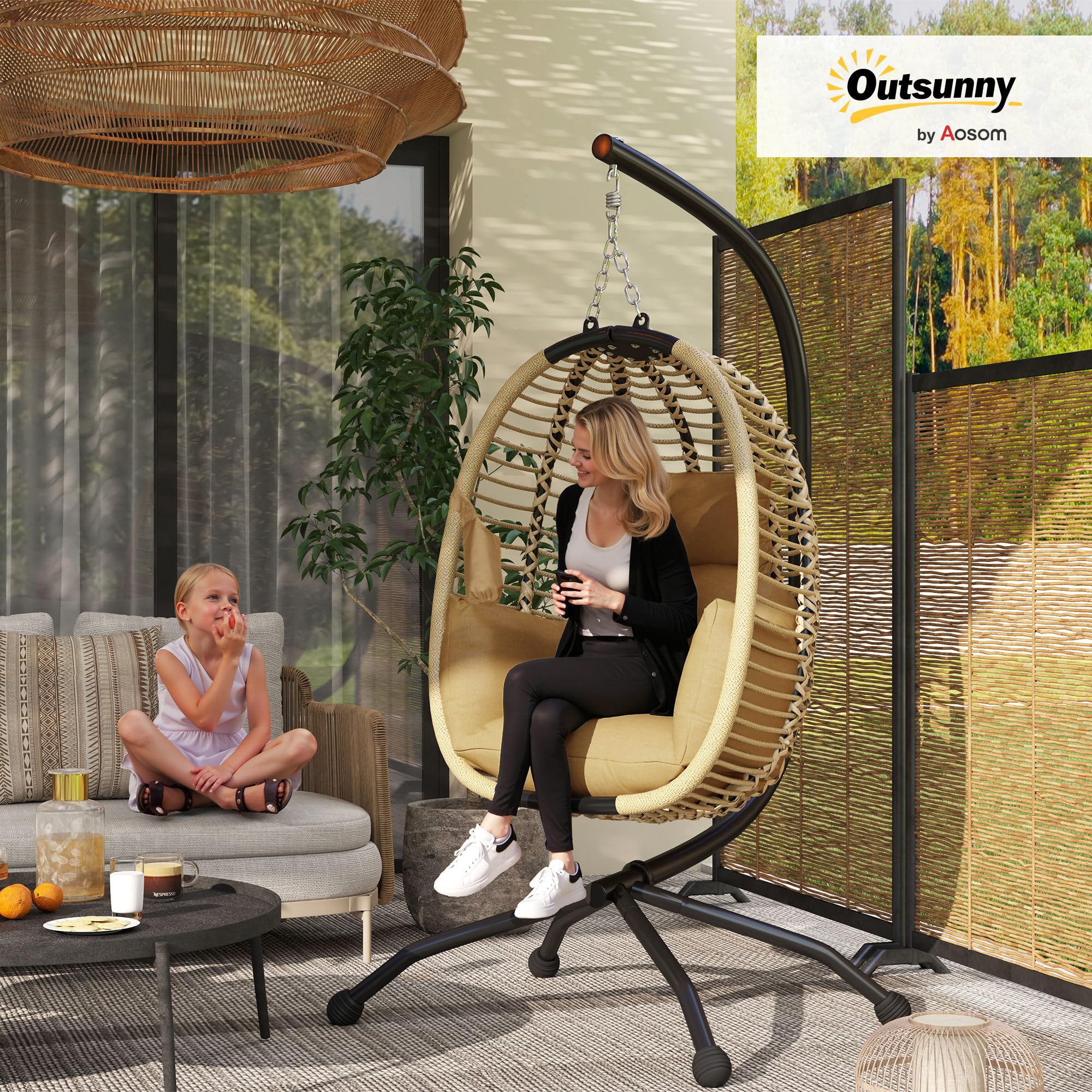 Outsunny Poltrona Sospesa a Uovo con Gancio, Cuscino Imbottito e Poggiatesta, Sedia a Dondolo da Giardino Pieghevole, Base a X in Acciaio, per Interni ed Esterni, 110x100x188 cm, Beige