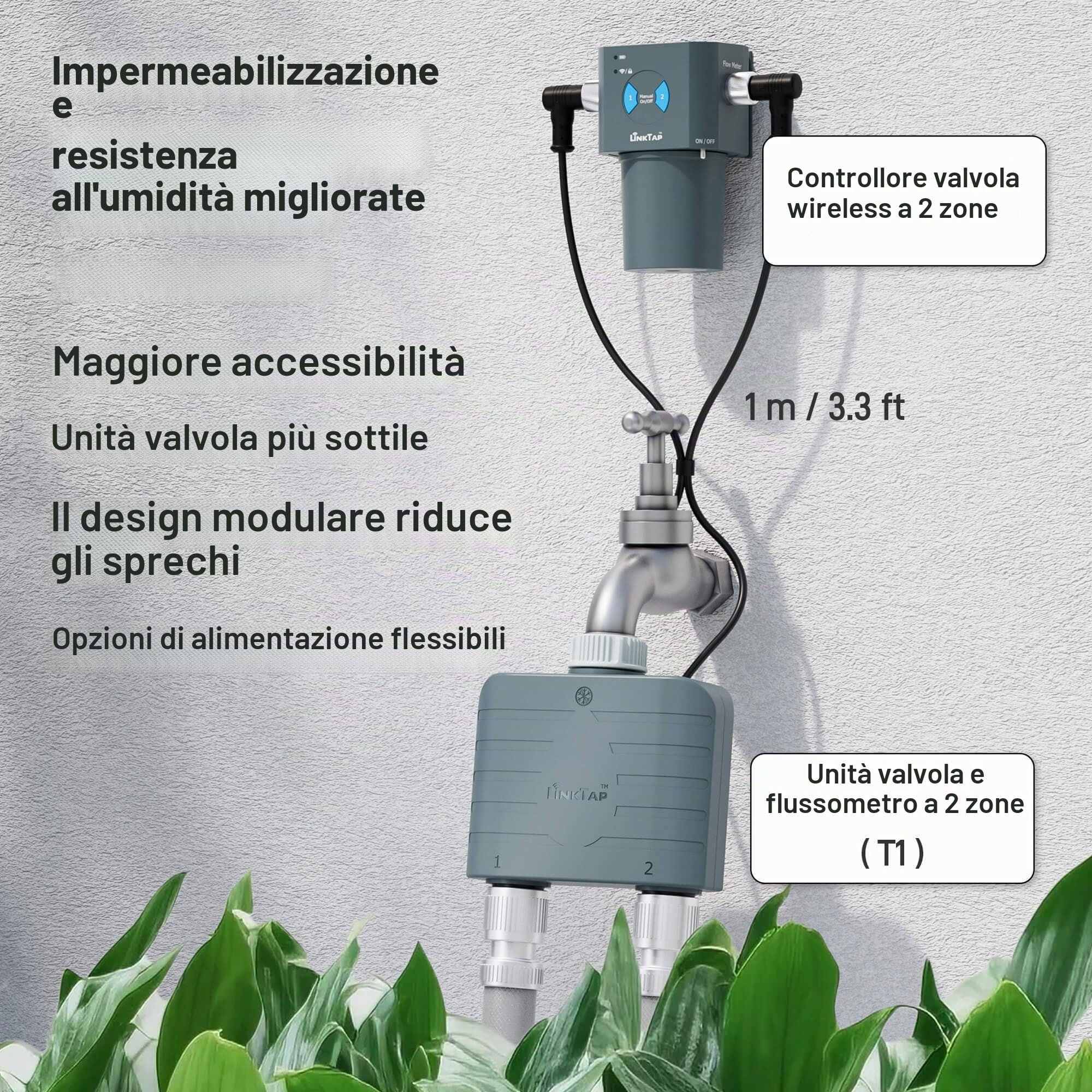 LinkTap T1 Programmatore Irrigazione 2 Vie e Gateway, Alimentazione Flex | 2 Contalitri, Irrigazione per Volume/Durata/Meteo, Rilevamento Guasti & Perdite, Antigelo, Superiore al Wi-Fi, IP66, Alexa