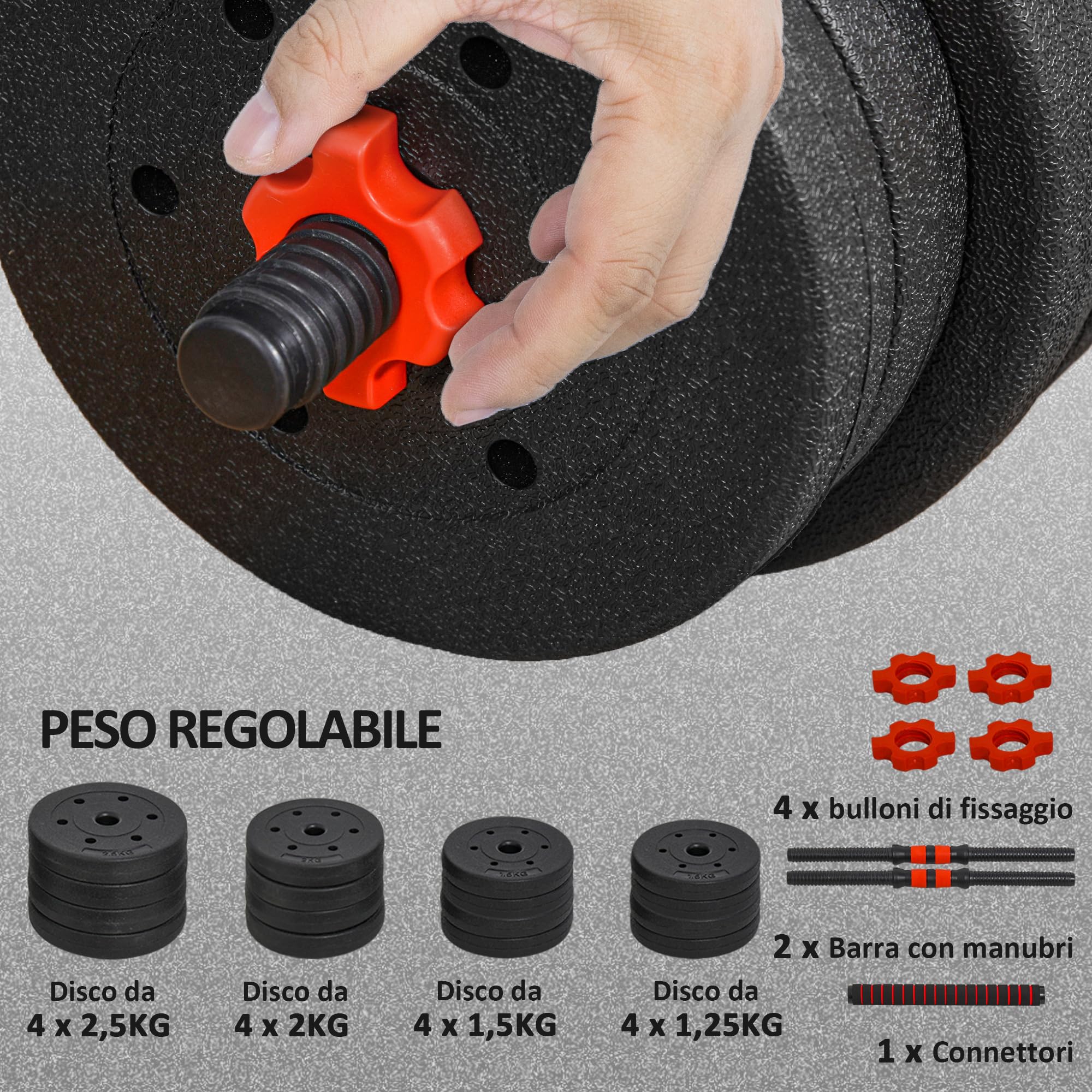 HOMCOM Set Manubri 2 in 1 da 20/25/30kg Totali con Dischi Pesi e Connettore, Set Manubri Regolabili Utilizzabile come 2 Manubri, Bilanciere, Palestra in Casa, Nero
