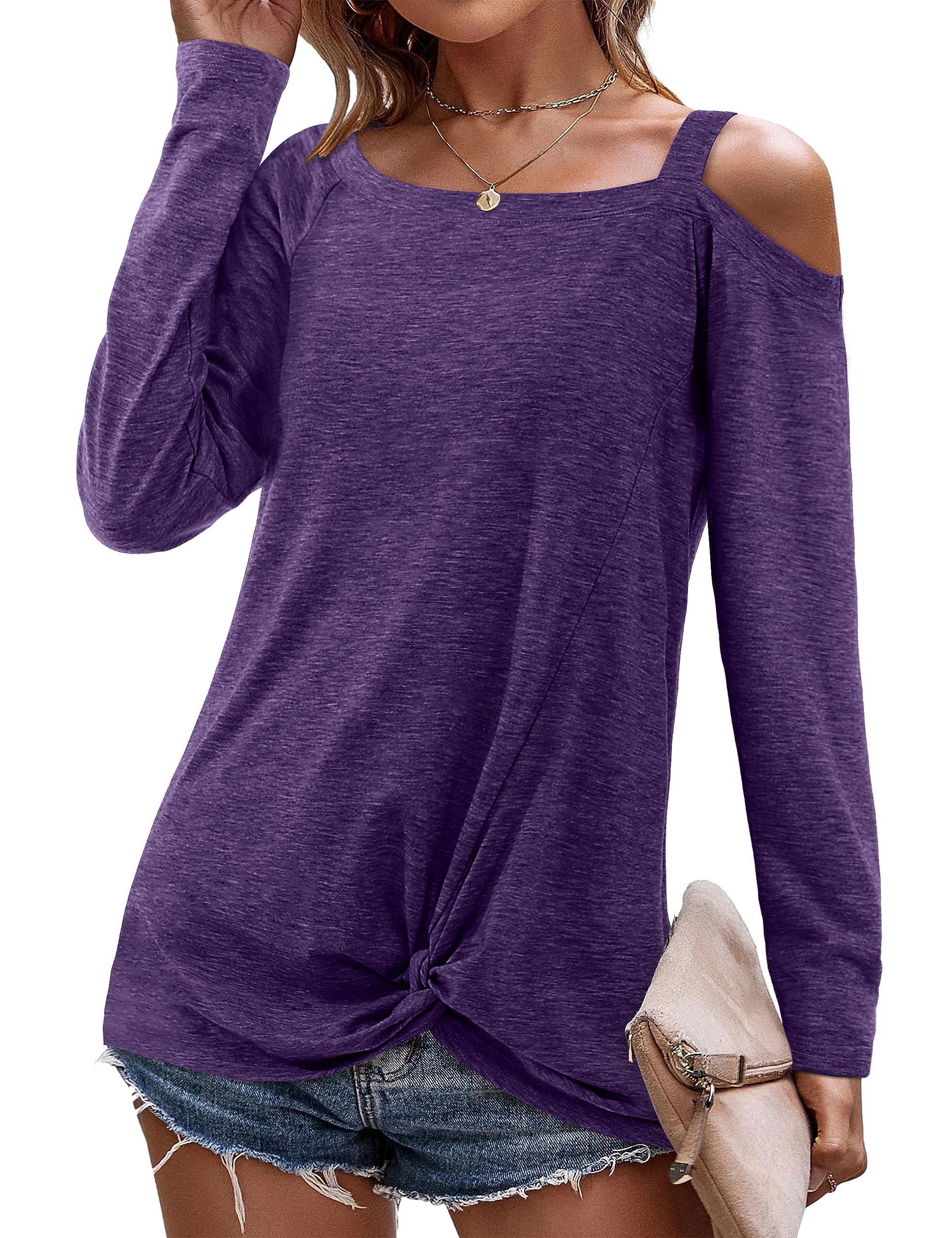 Beluring Cold Shoulder Tops for Women Slash Neck Casual Short/Long Sleeve T Shirts Dressy Tunic Tops with Twist Knot