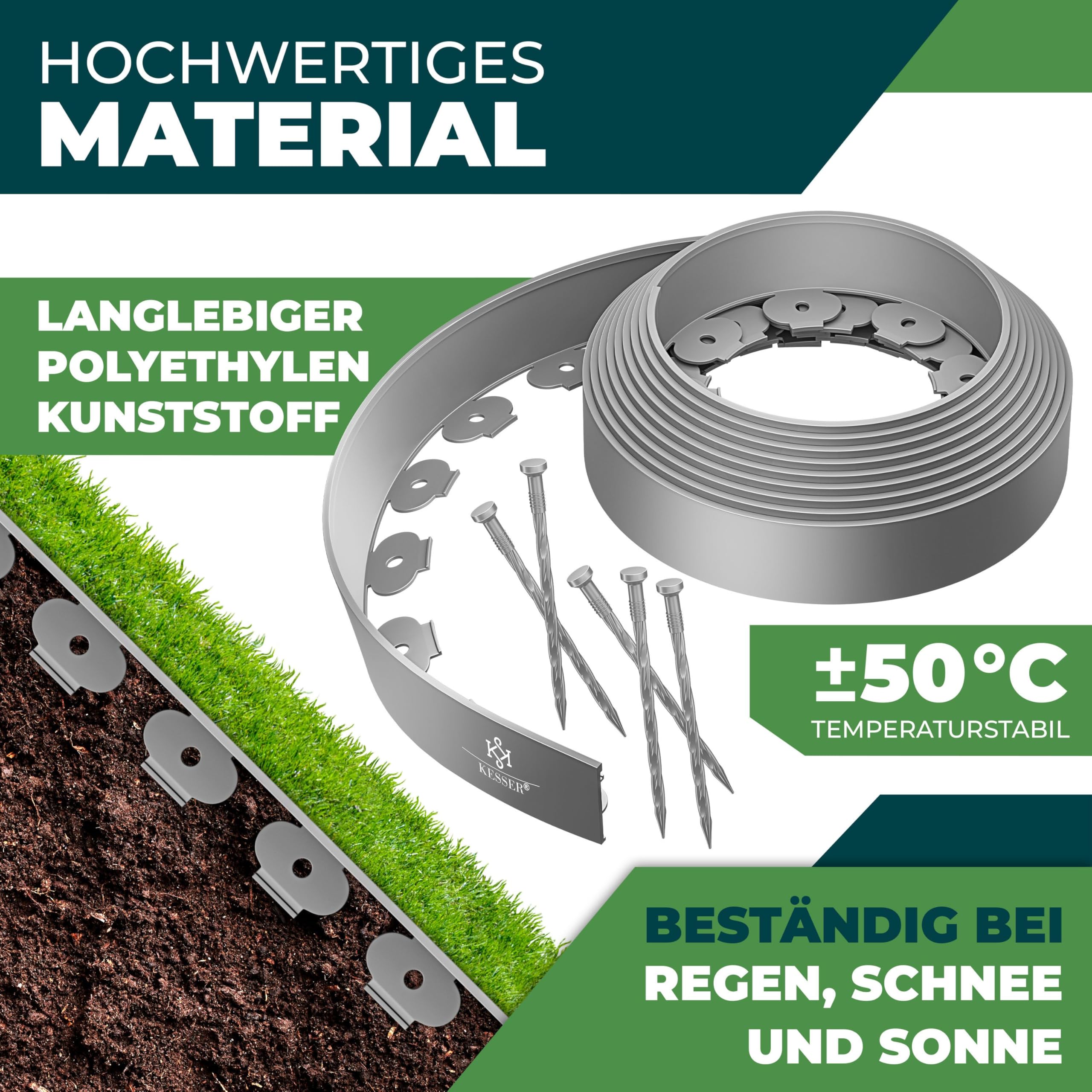 KESSER® Flexible Rasenkante aus Kunststoff Länge 10m Höhe 5cm, mit 65 Erdanker + 1 Paar Handschuhe Beeteinfassung Beetumrandung Beetbegrenzung Mähkante Pflastersteine Palisade - Grau