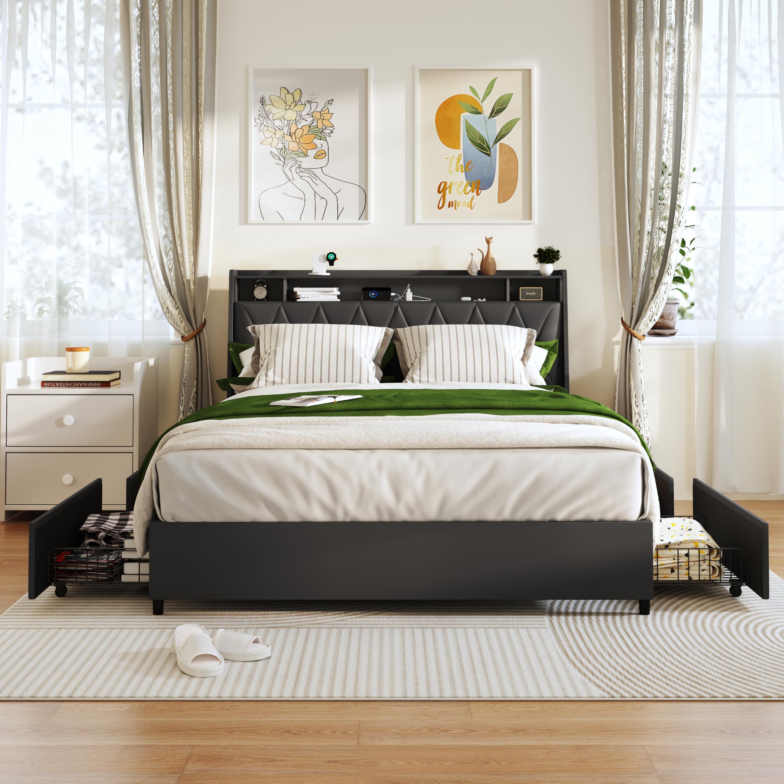 queen bed frame with ergonomic headboard, platform bed frame queen size with outlets & charger, metal bed frame queen size with storage shelf, noise-free, no box spring needed (black, full)