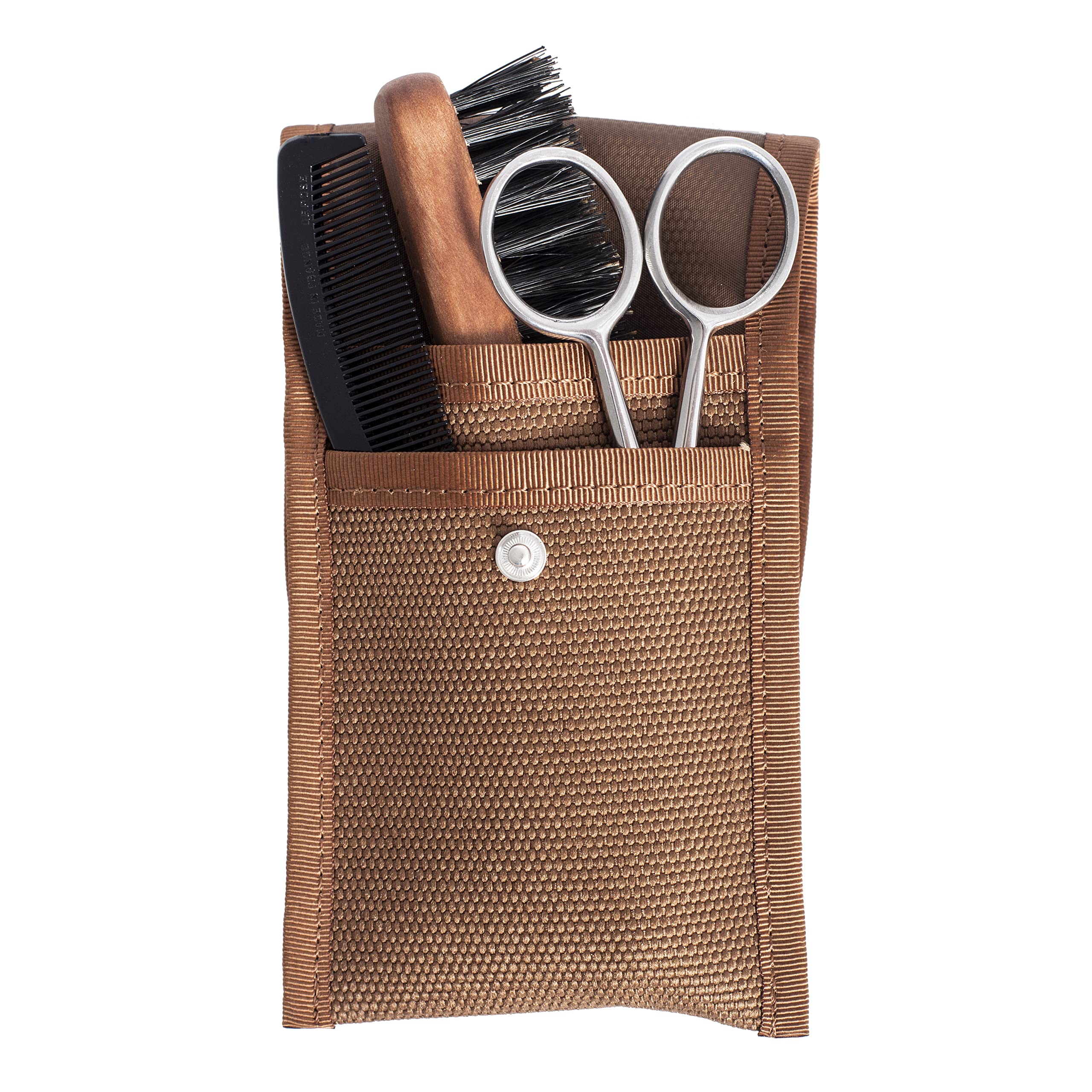 Set Entretien Barbe et Moustache - Ciseaux + Brosse + Peigne + Étui en Tissu - Fabrication Française