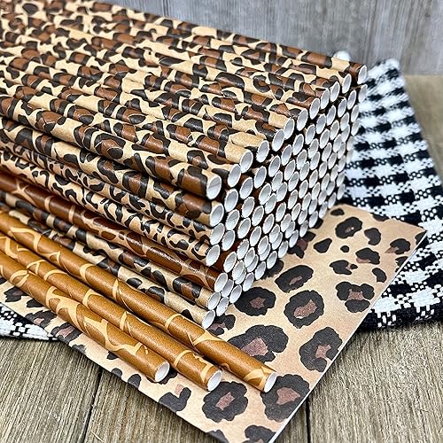Miniatura 5 de Pajitas de papel con estampado animal, diseño de safari, estampado de jirafa de leopardo, color negro y marrón tostado, paquete de 100 papeles fuera