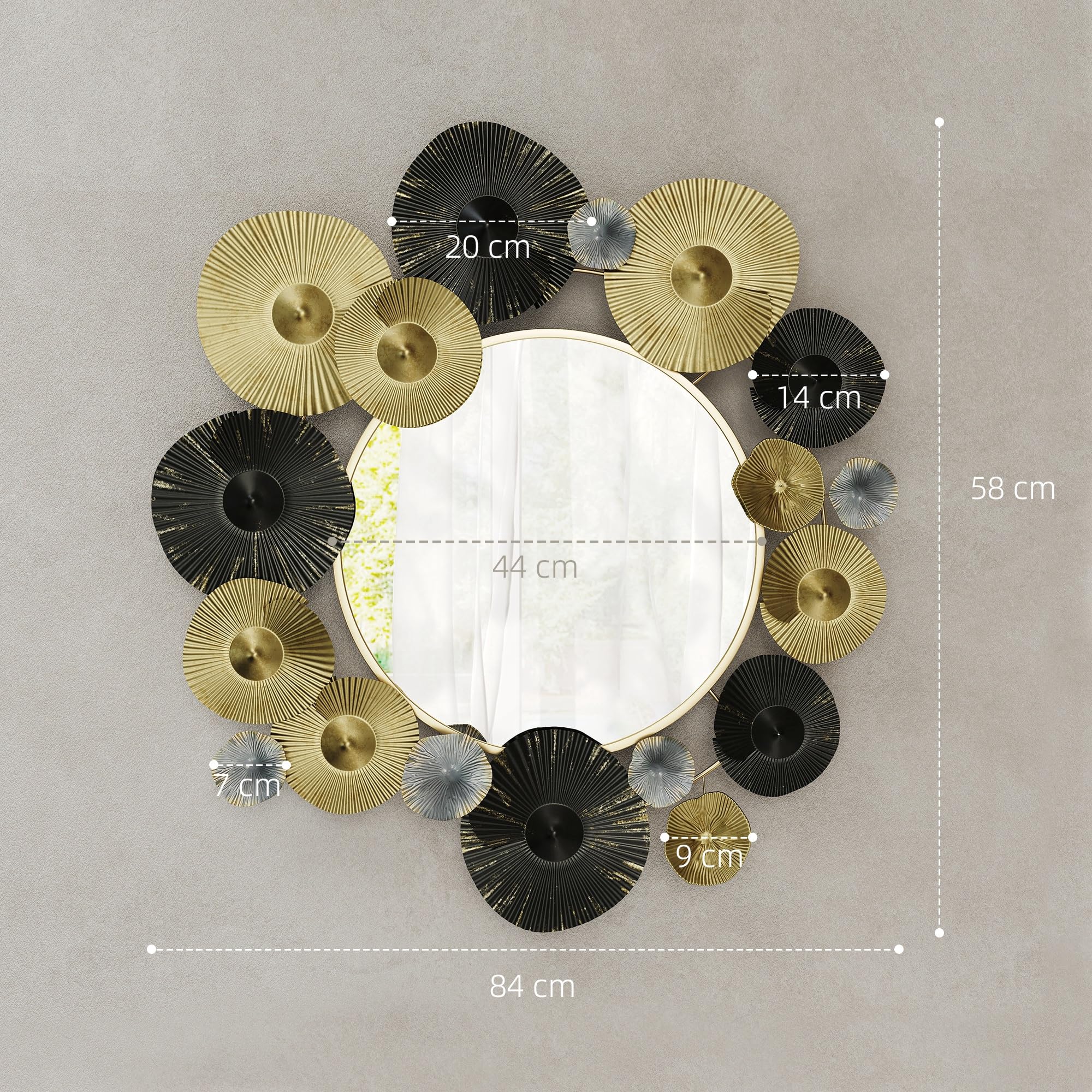 HOMCOM Espejo Decorativo de Pared, Metálico, 84x84 cm, Dorado y Negro | Adorno de Pared, con Espejo Decorativo, para Salón, Dormitorio, Pasillo