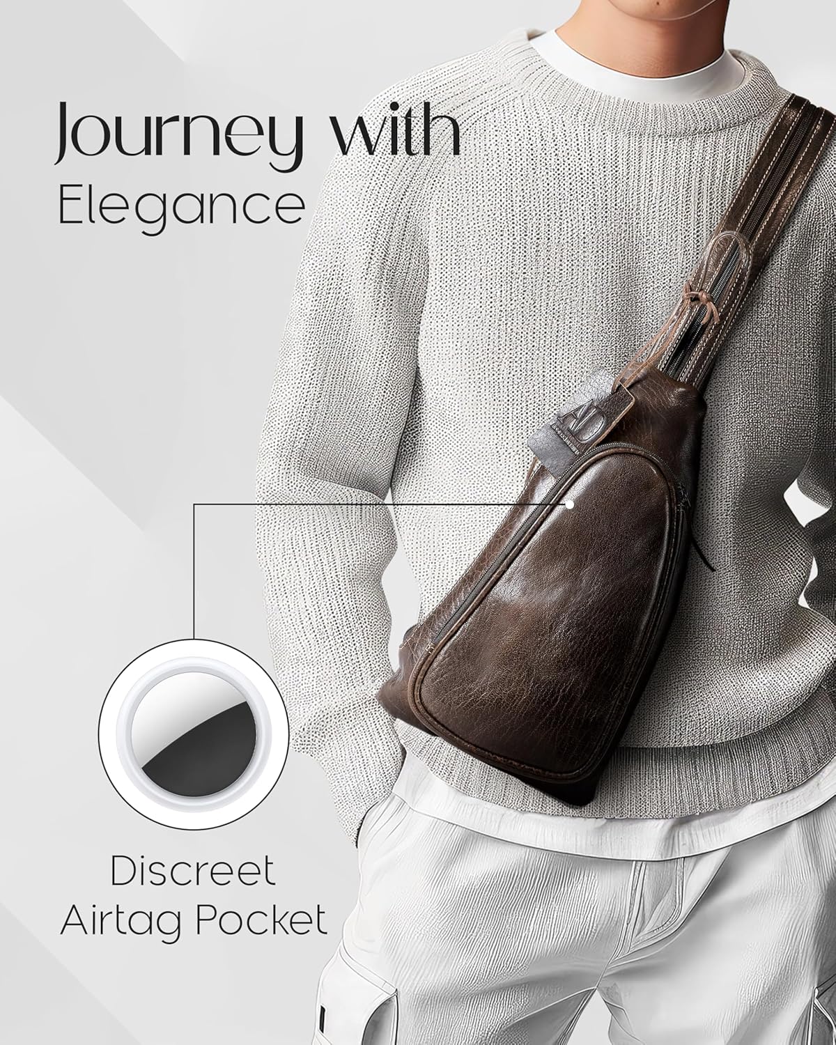 Leather Sling Bag for Men Cross Chest Shoulder Bag with Anti-Theft Hidden Air Tag Holder Crossbody Sling Bag