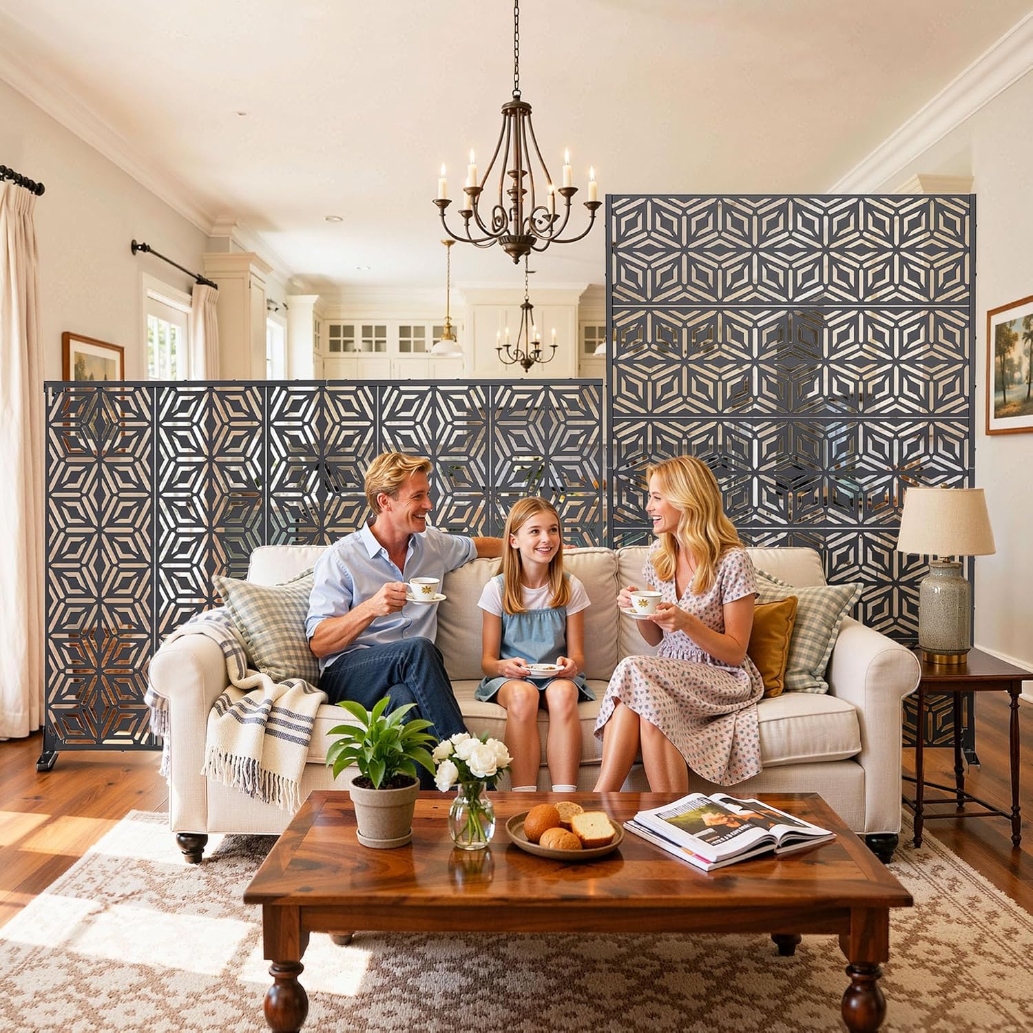 Decorative Privacy Screen Outdoor 72" H×44" W, Steel Laser Cut Snowflakes Garden Privacy Fence Panel, Weatherproof Freestanding Modern Screen Divider for Balcony Patio Deck Backyard Home