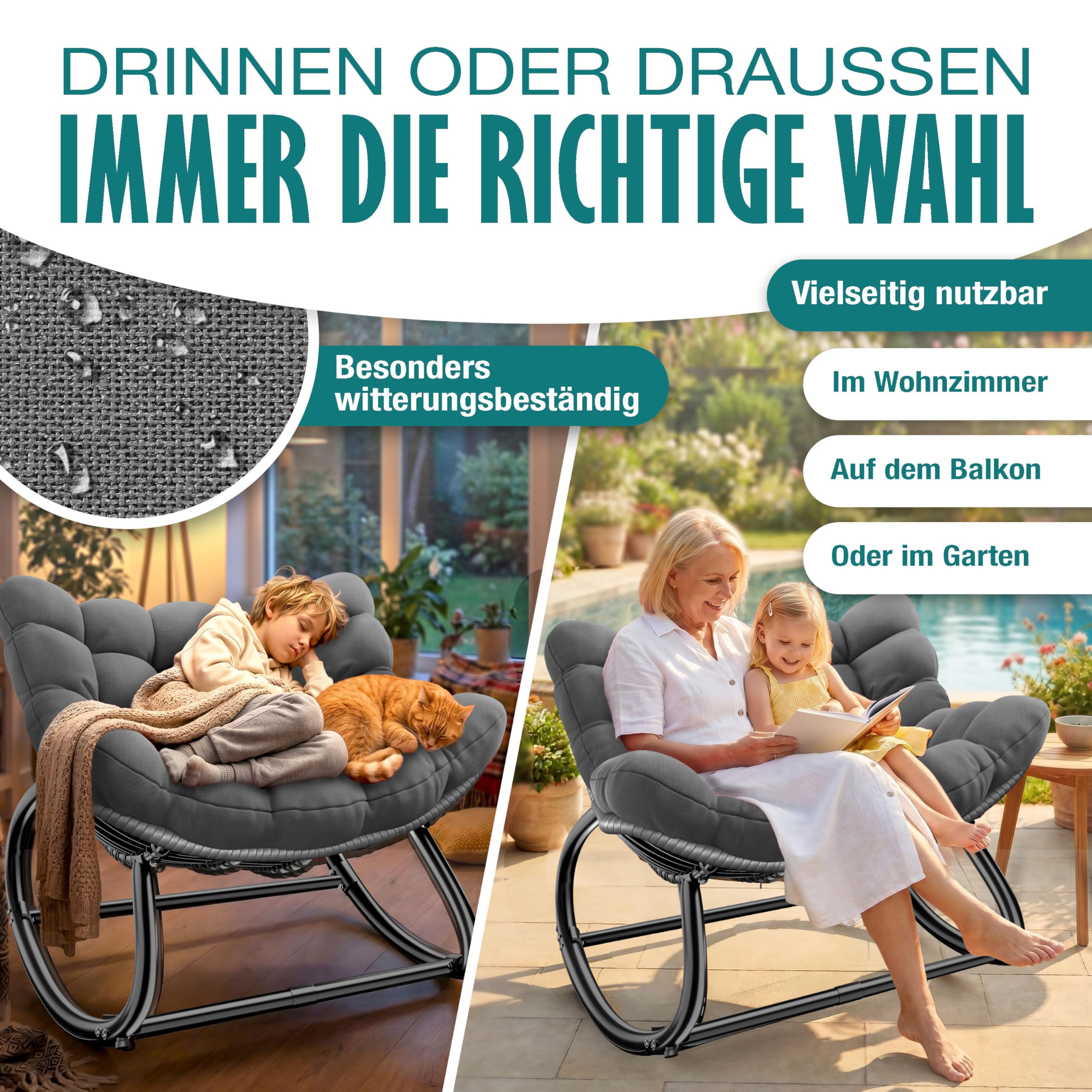 KESSER® Sedia a dondolo XXL per esterni, ergonomica, con imbottitura, per interni ed esterni, per giardino, balcone, sedia da giardino resistente alle intemperie, antiscivolo, fino a 150 kg, antracite