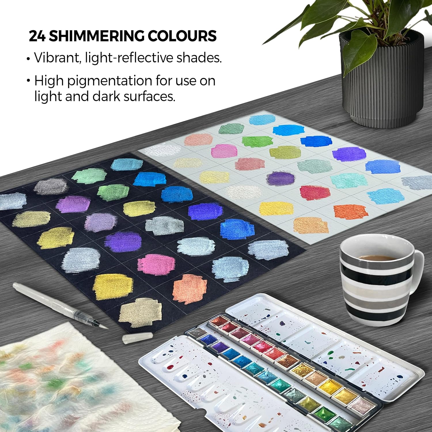 Zieler 24 Metallic Half-Pan Watercolour Metal Tin Set with Water Brush