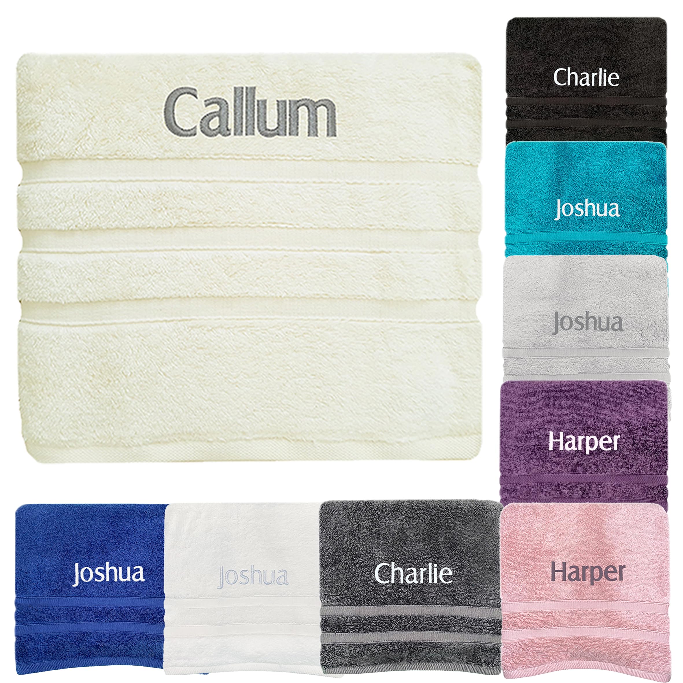 JJLC Personalised Bath Hand Towels Sets Embroidered Name (Bath Towel, Cream)