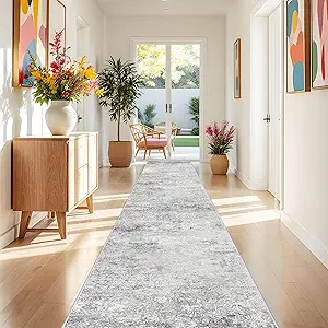 Washable 3x25 Runner Rug Hallway - Abstract Runner Rugs for Living Room Stain Resistant Entryway Indoor Carpet for Kitchen Bedroom Non Slip Rubber Backing Ultra Thin Soft Floor Decor Mat 3x25 Grey