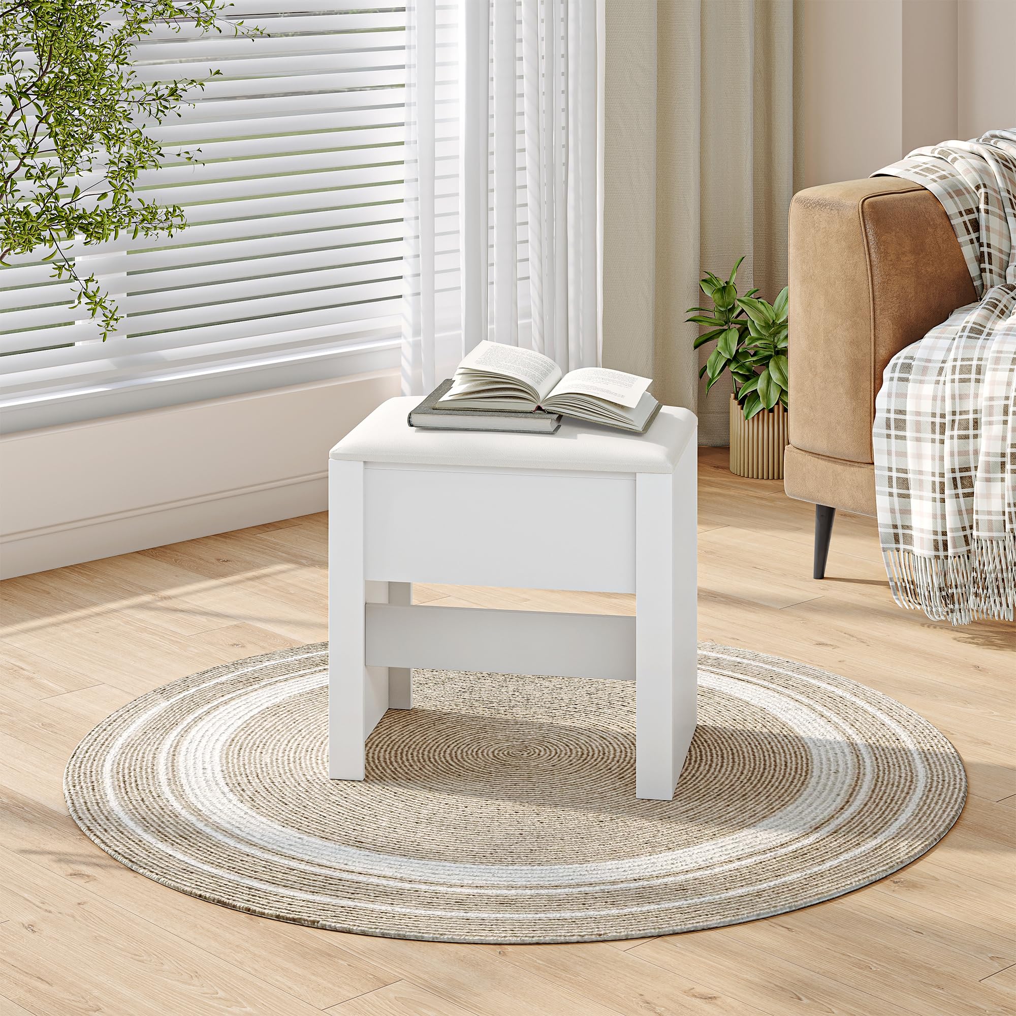 HEXCELEN Taburete de Tocador Tapizado con Almohadilla Antideslizante Blanco 30 x 40 x 44 cm