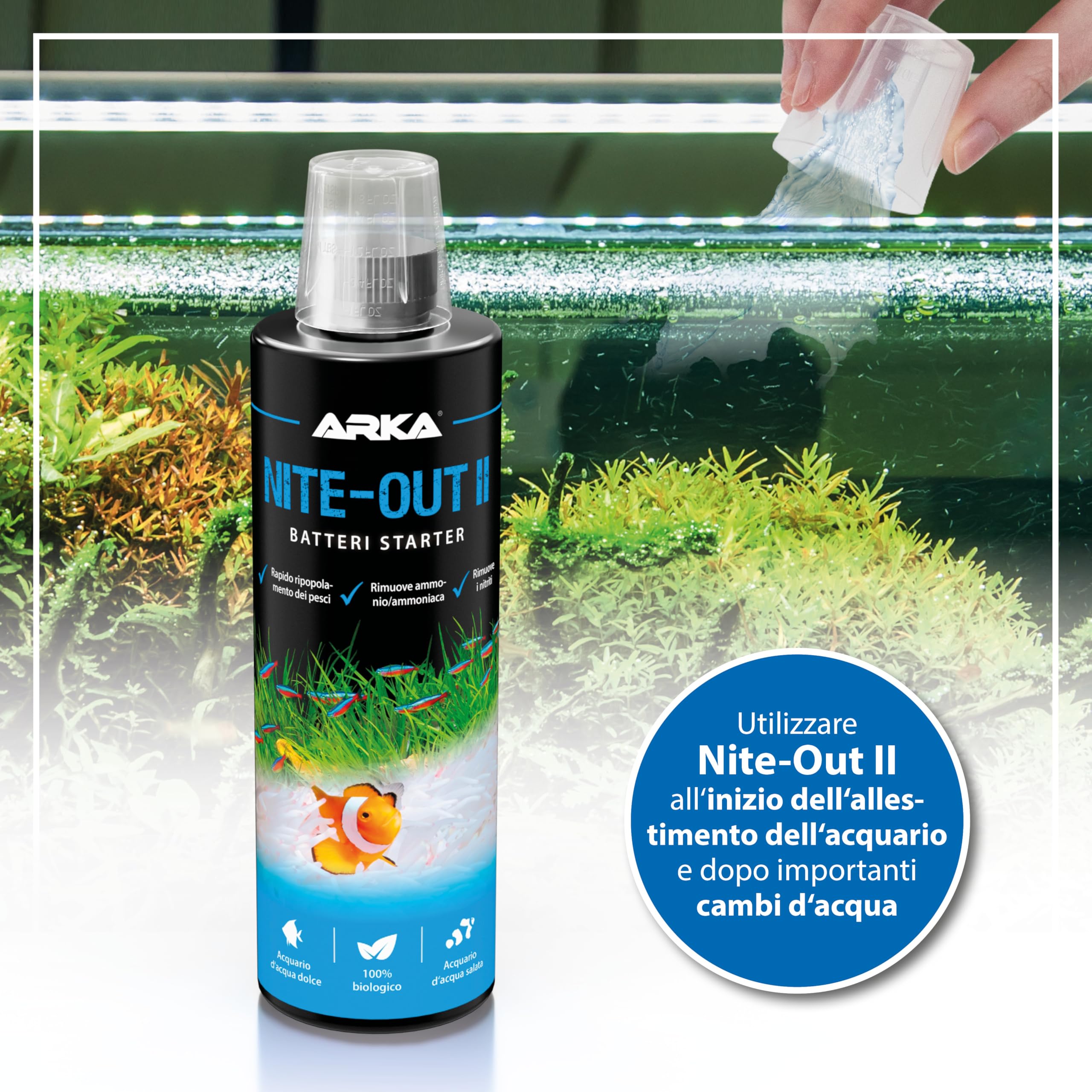 Batteri avviamento acquario – MICROBE-LIFT Nite-Out II 473 ml – per nuovi allestimenti, cambi d’acqua e inserimento pesci – riduce ammonio e nitriti – attivo subito, biologico e sicuro – ARKA